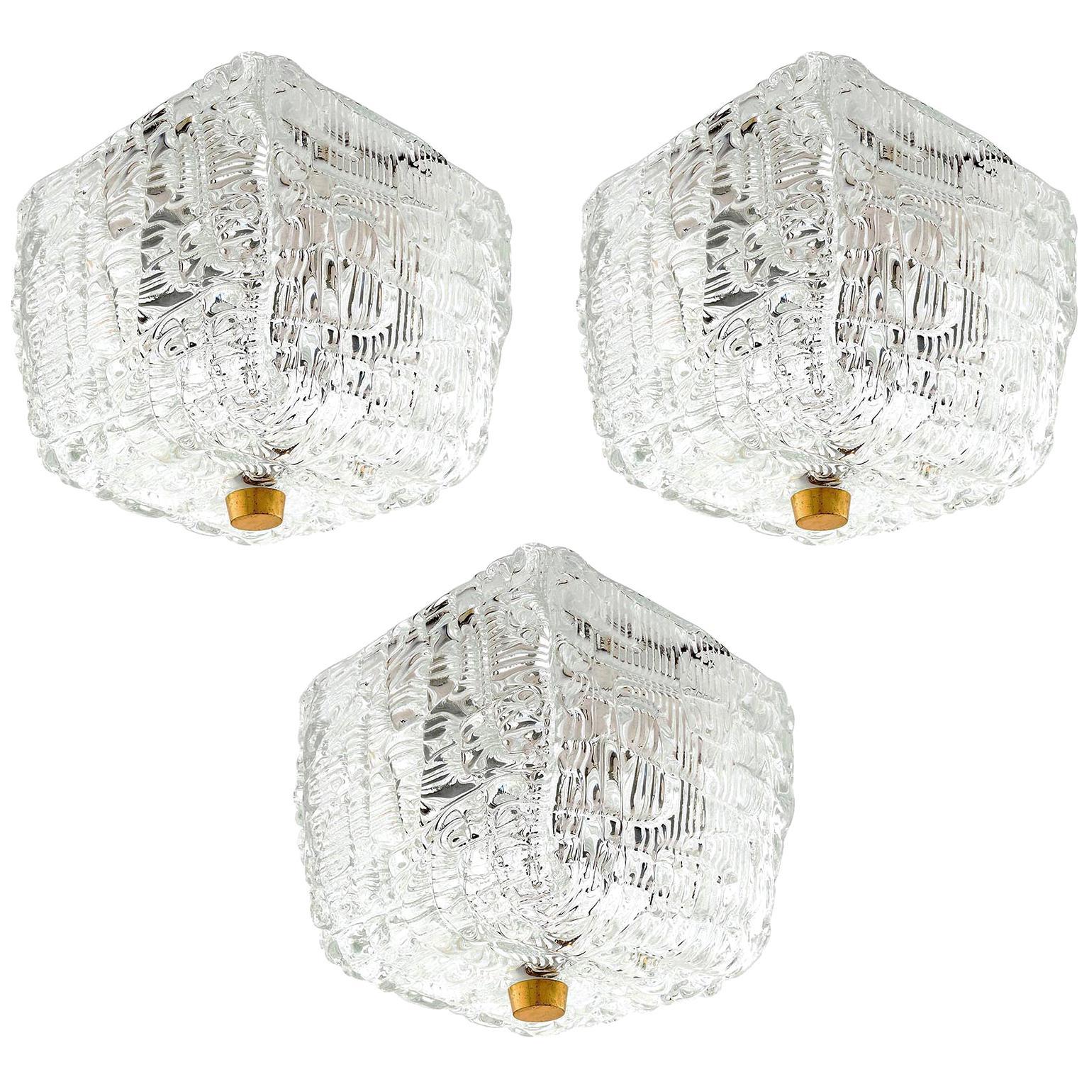 Mid-20th Century Kalmar Flush Mount Light Textured Glass Brass White Metal, 1950s, One of Three For Sale