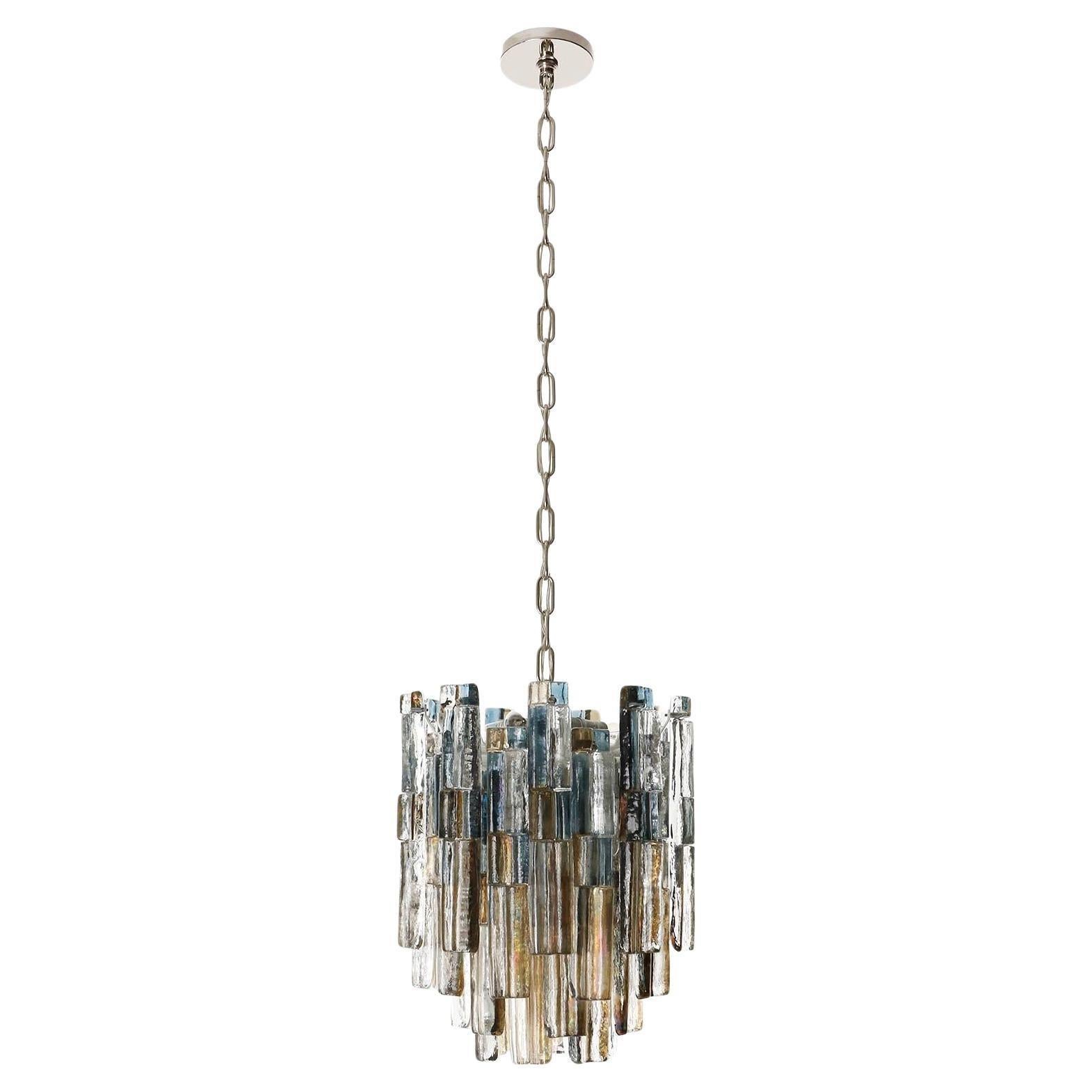 Austrian Kalmar Glass Chandelier Pendant Light, Blue Amber Glass Nickel, 1970, One of Two For Sale