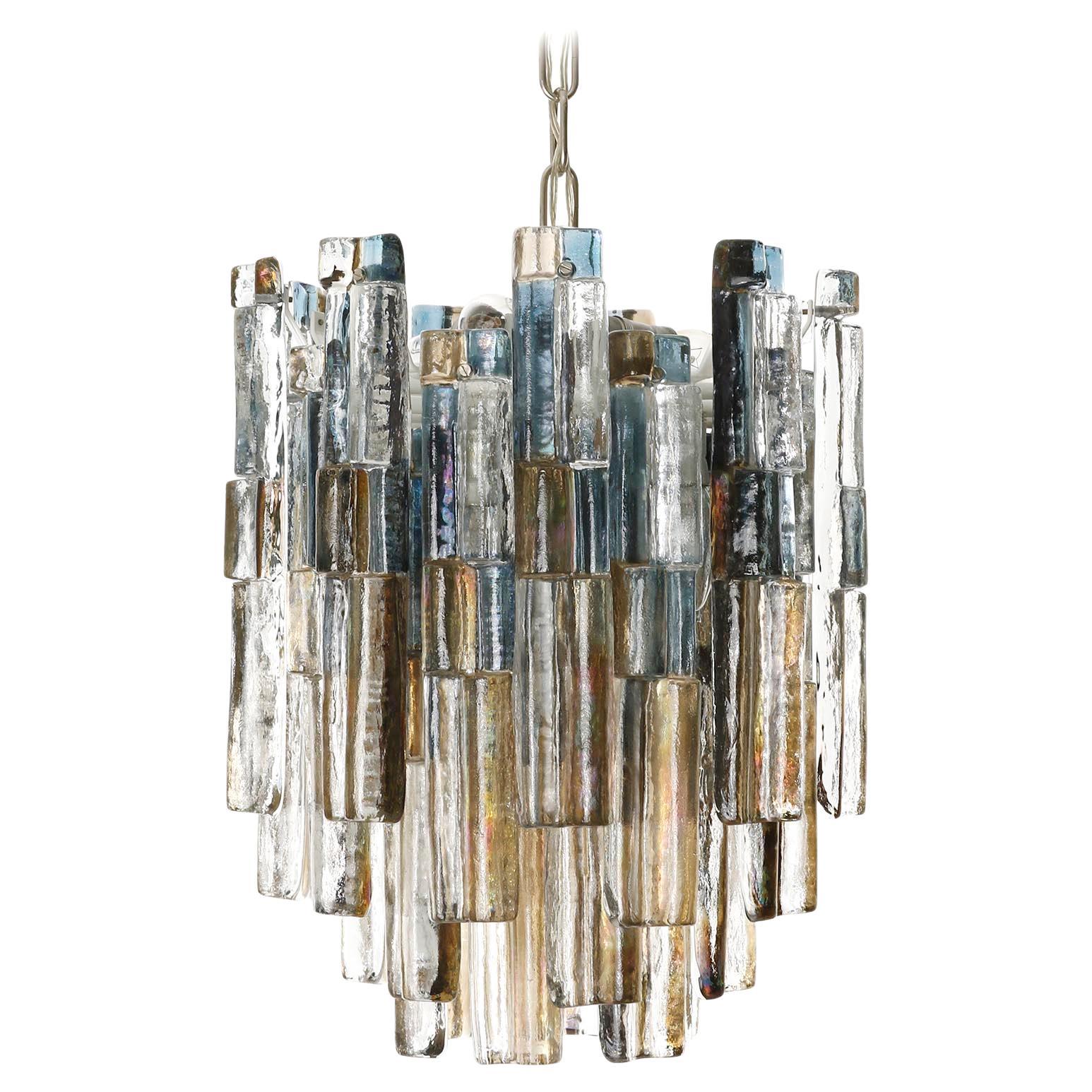Kalmar Glass Chandelier Pendant Light, Blue Amber Glass Nickel, 1970, One of Two For Sale
