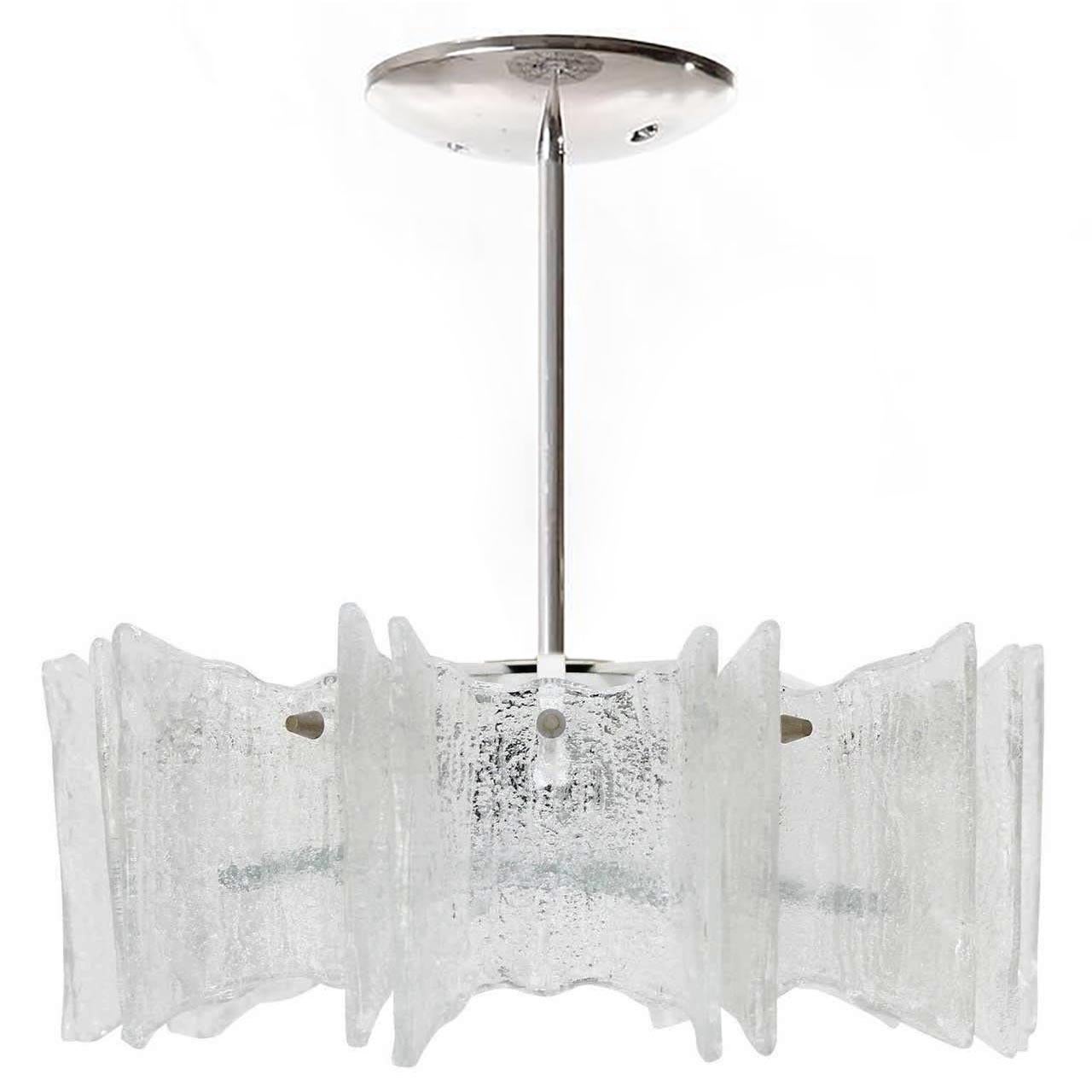 A beautiful star-shaped light fixture by Kalmar Vienna, Austria, manufactured in midcentury in 1960s.
It is made of frosted clear glass, a white lacquered frame, and nickel-plated (chrome) bolts, rod, and canopy.
The height of the body without rod