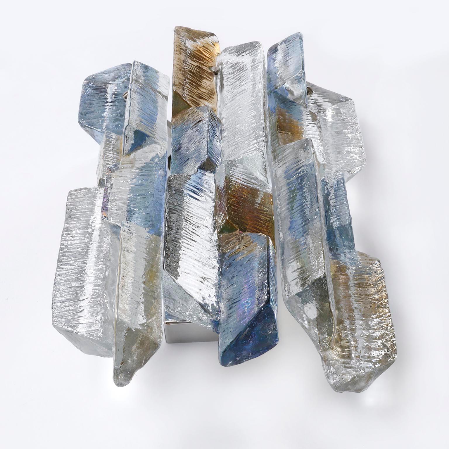 Austriaco Kalmar Glass Sconce Wall Light Prism, Blue Amber Smoke Art Glass Nickel, 1970s in vendita