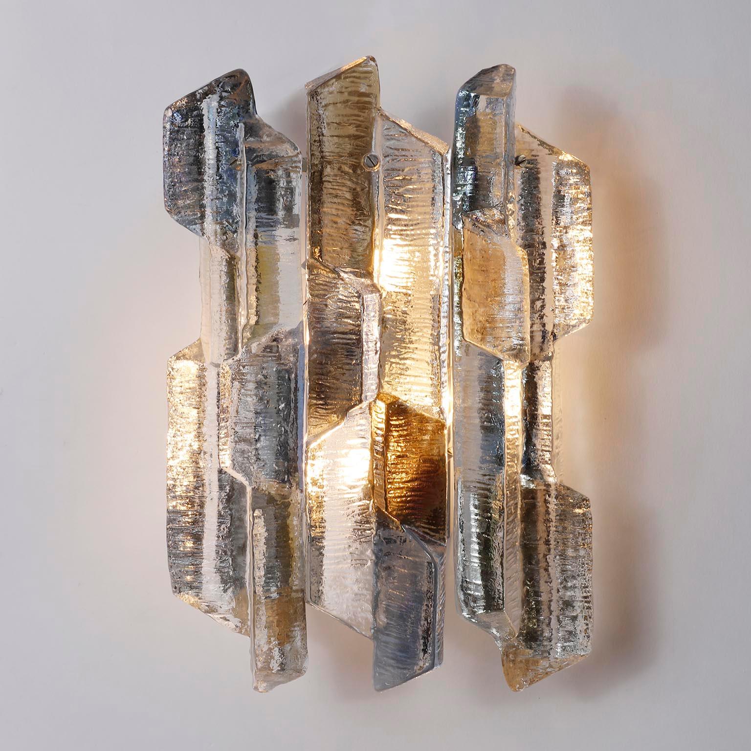Placcato Kalmar Glass Sconce Wall Light Prism, Blue Amber Smoke Art Glass Nickel, 1970s in vendita