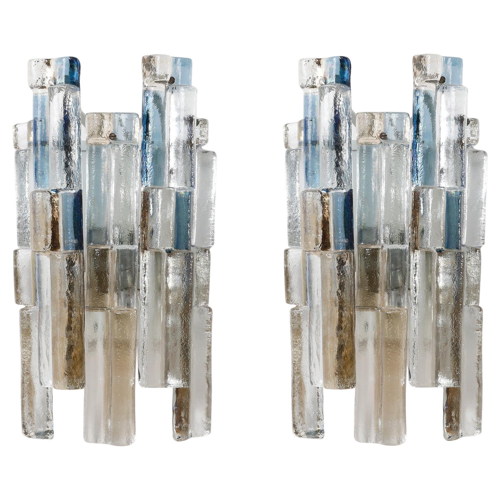 Appliques en verre Kalmar, verre d'art fumé bleu ambré, métal blanc, années 1970 en vente