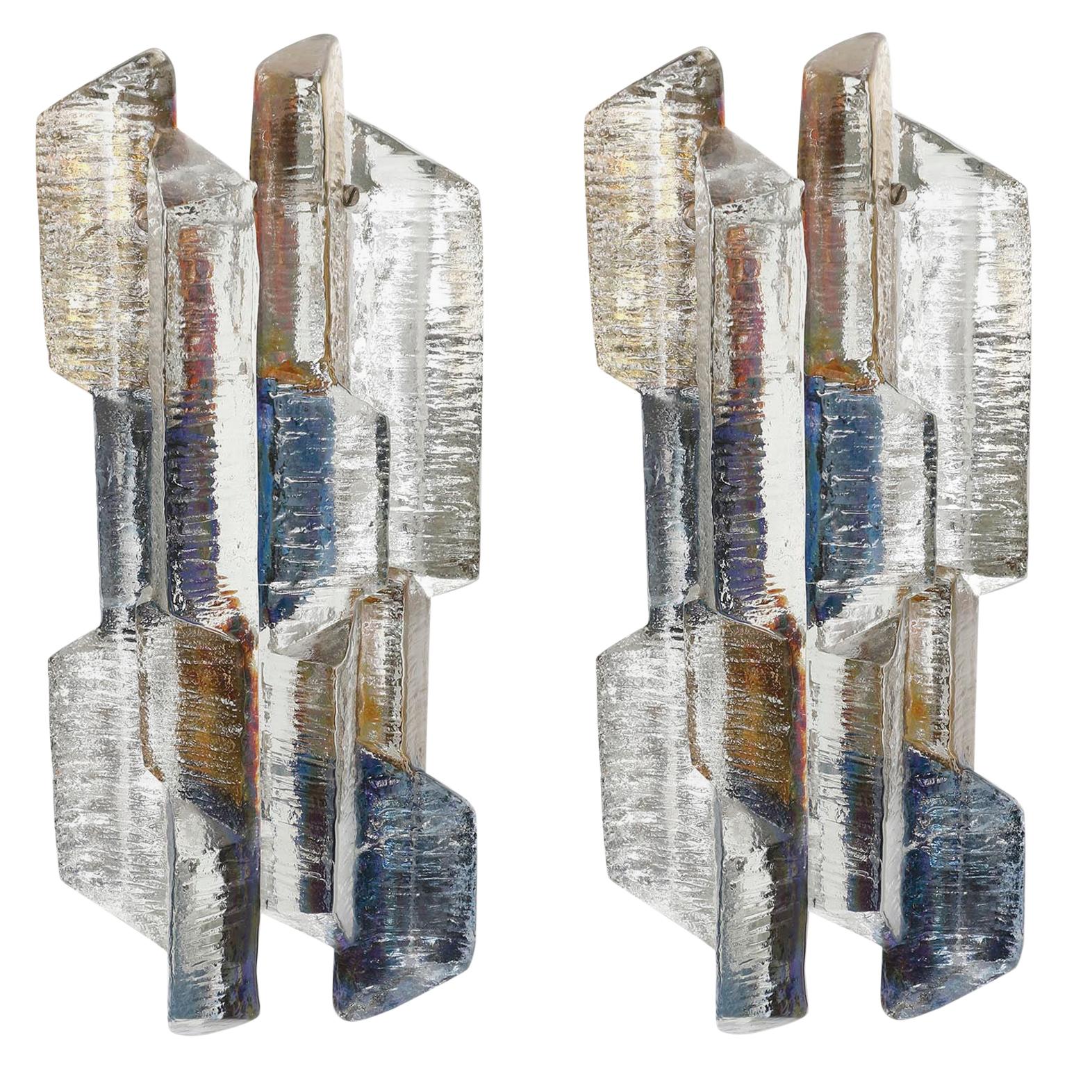 Kalmar Glass Sconces Wall Lights Prism, Blue Amber Smoke Art Glass Nickel, 1970s