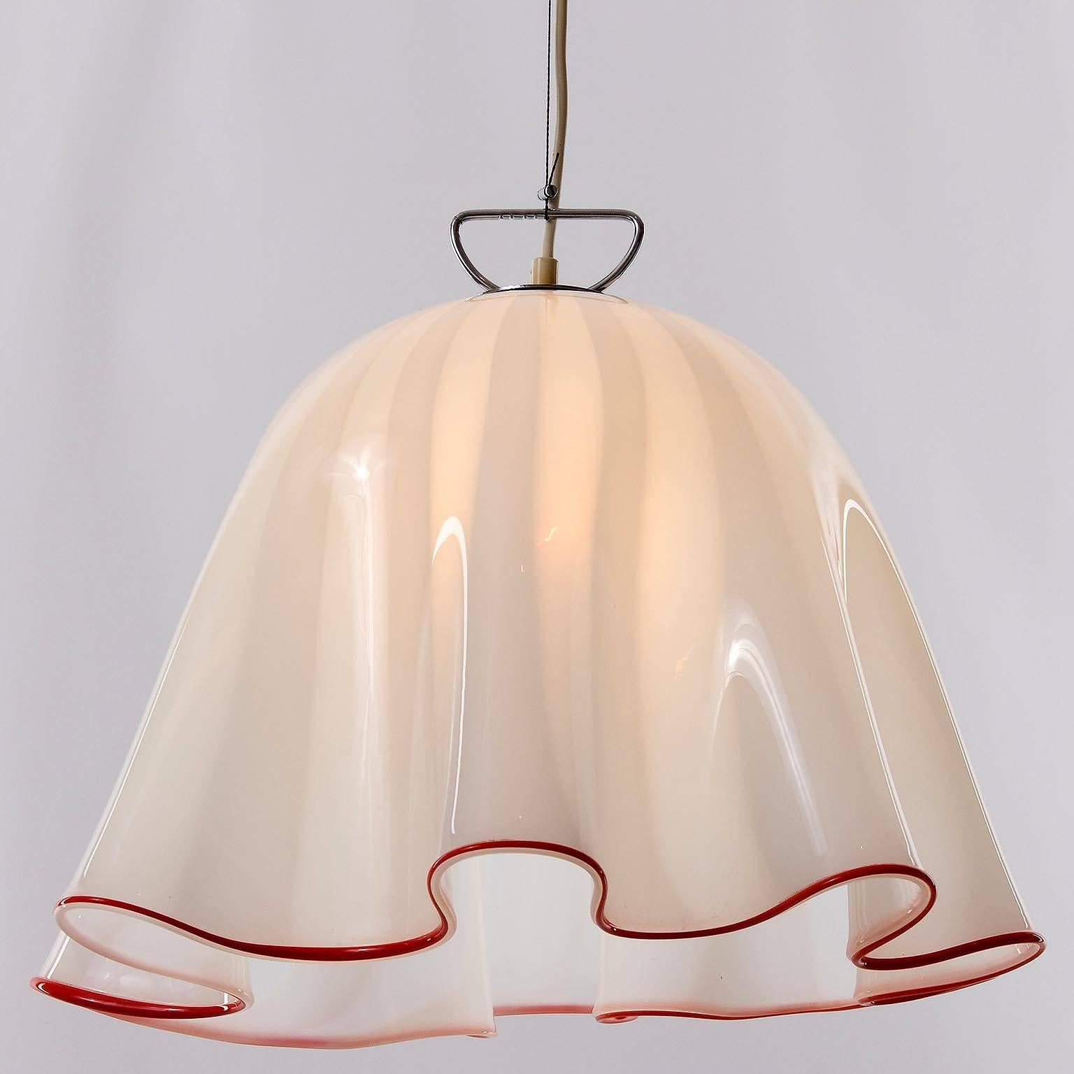 Blown Glass Kalmar Handkerchief Fazzoletto Pendant Light, Opaline Murano Glass Chrome, 1970