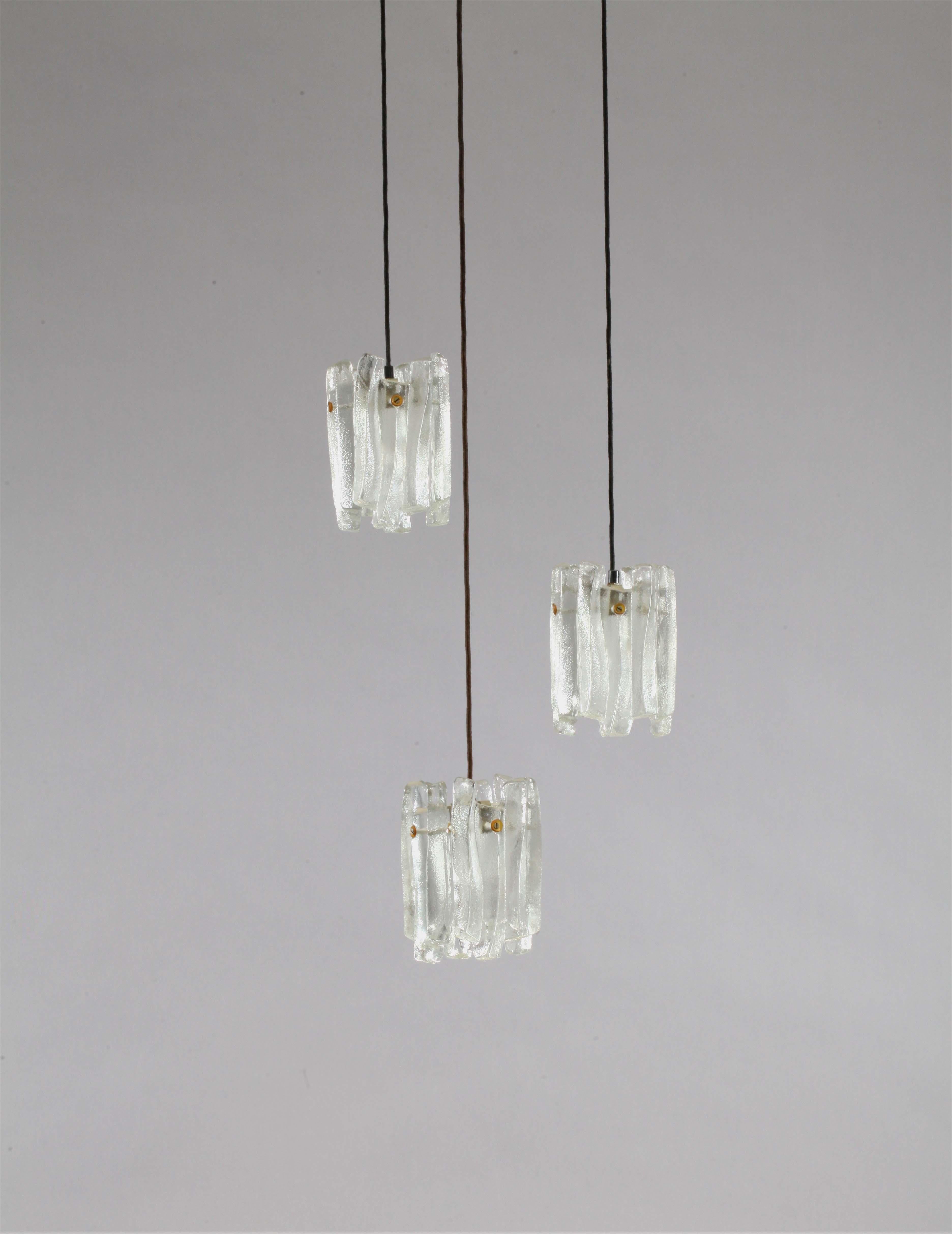 Mid-Century Modern Kalmar Ice Glass Pendant Light Chandelier, 1970