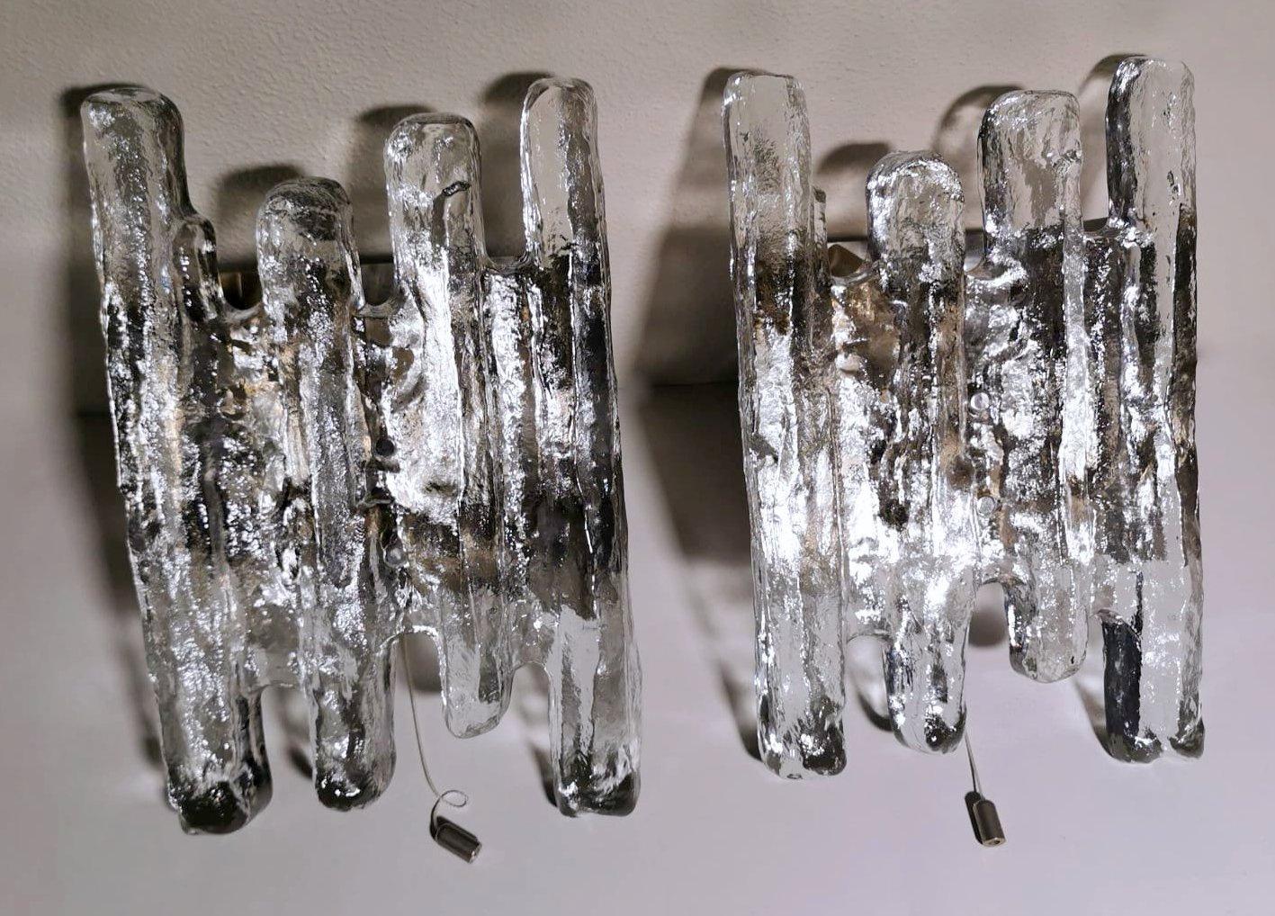 Brutalist Kalmar J.T. Austrian Designer Pair of Ice Glass Wall Sconces For Sale