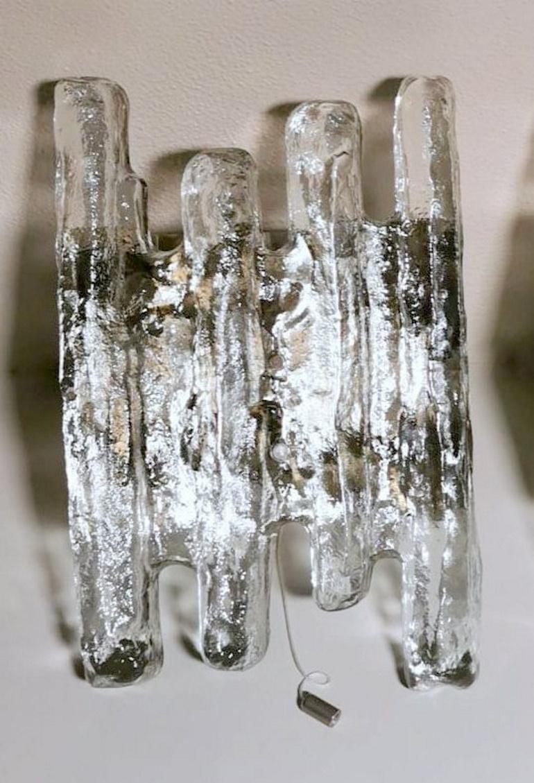 20th Century Kalmar J.T. Austrian Designer Pair of Ice Glass Wall Sconces For Sale