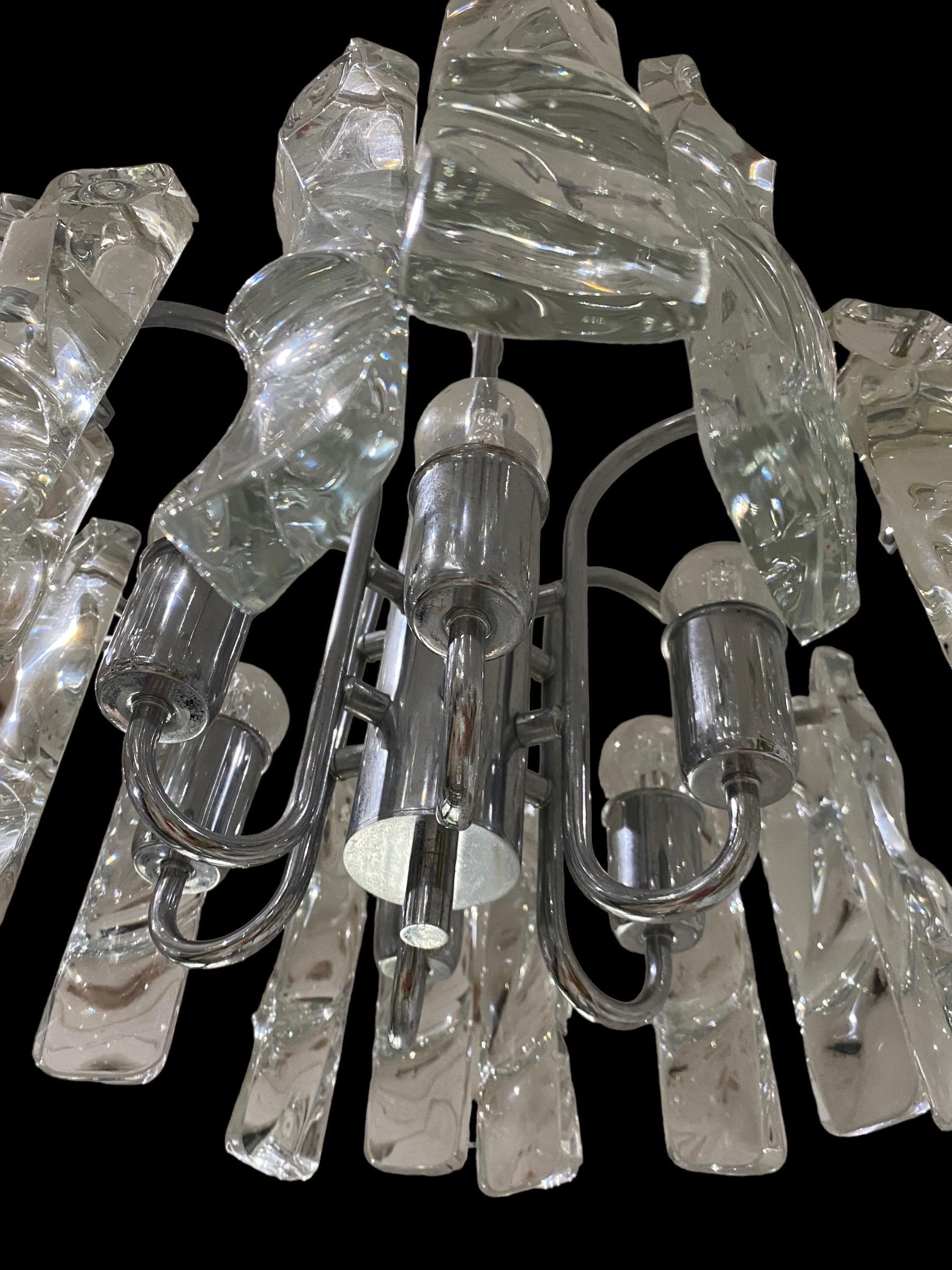 Mid-Century Modern Kalmar Lighting Chandelier Glass Chrome Structure 6 Bulbs, Austria, 1970