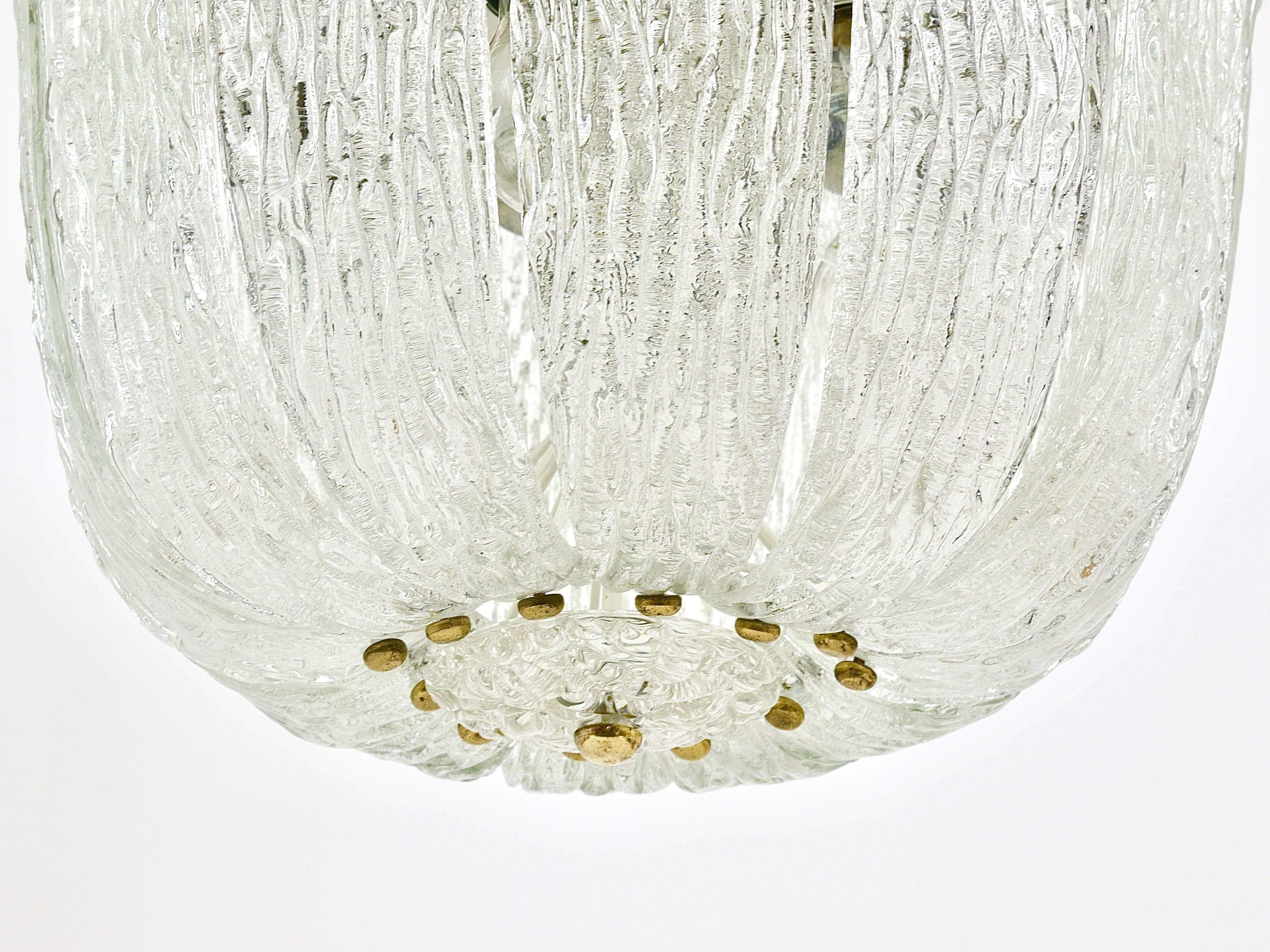 Kalmar Midcentury Brass Textured Glass Chandelier, Austria, 1950s 4