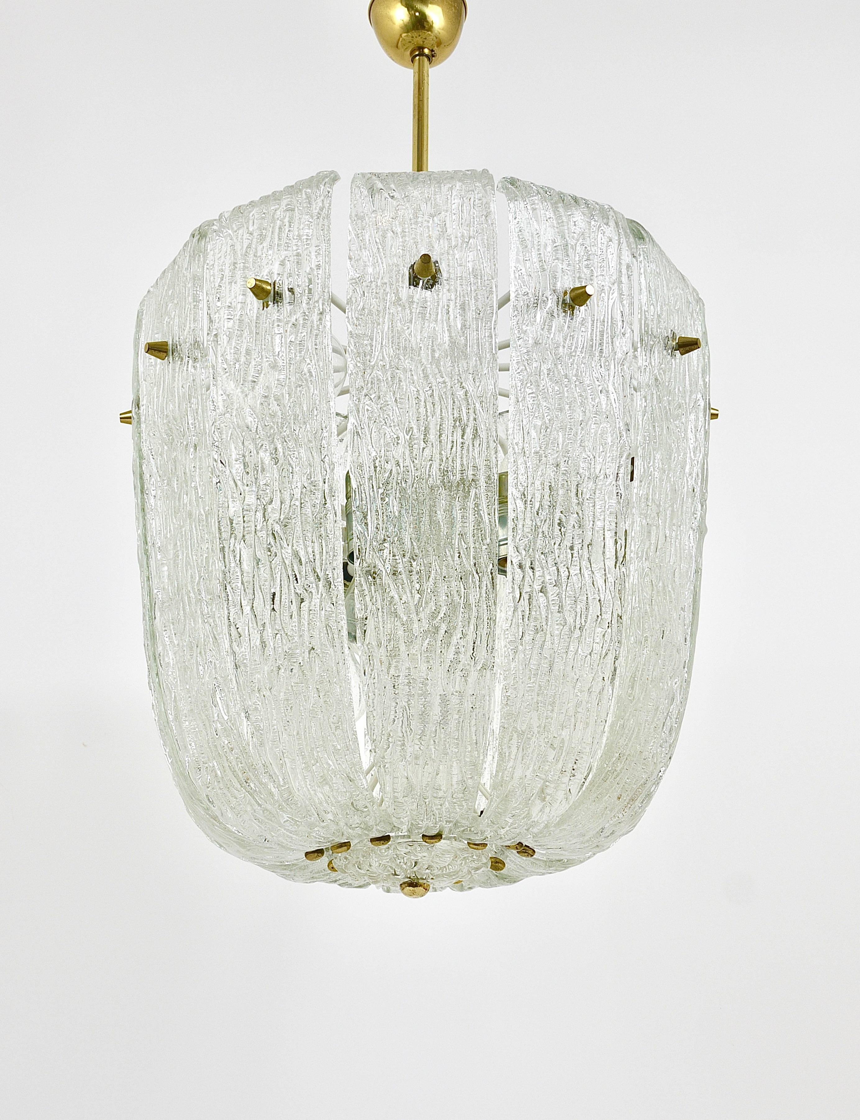 Kalmar Midcentury Brass Textured Glass Chandelier, Austria, 1950s 5
