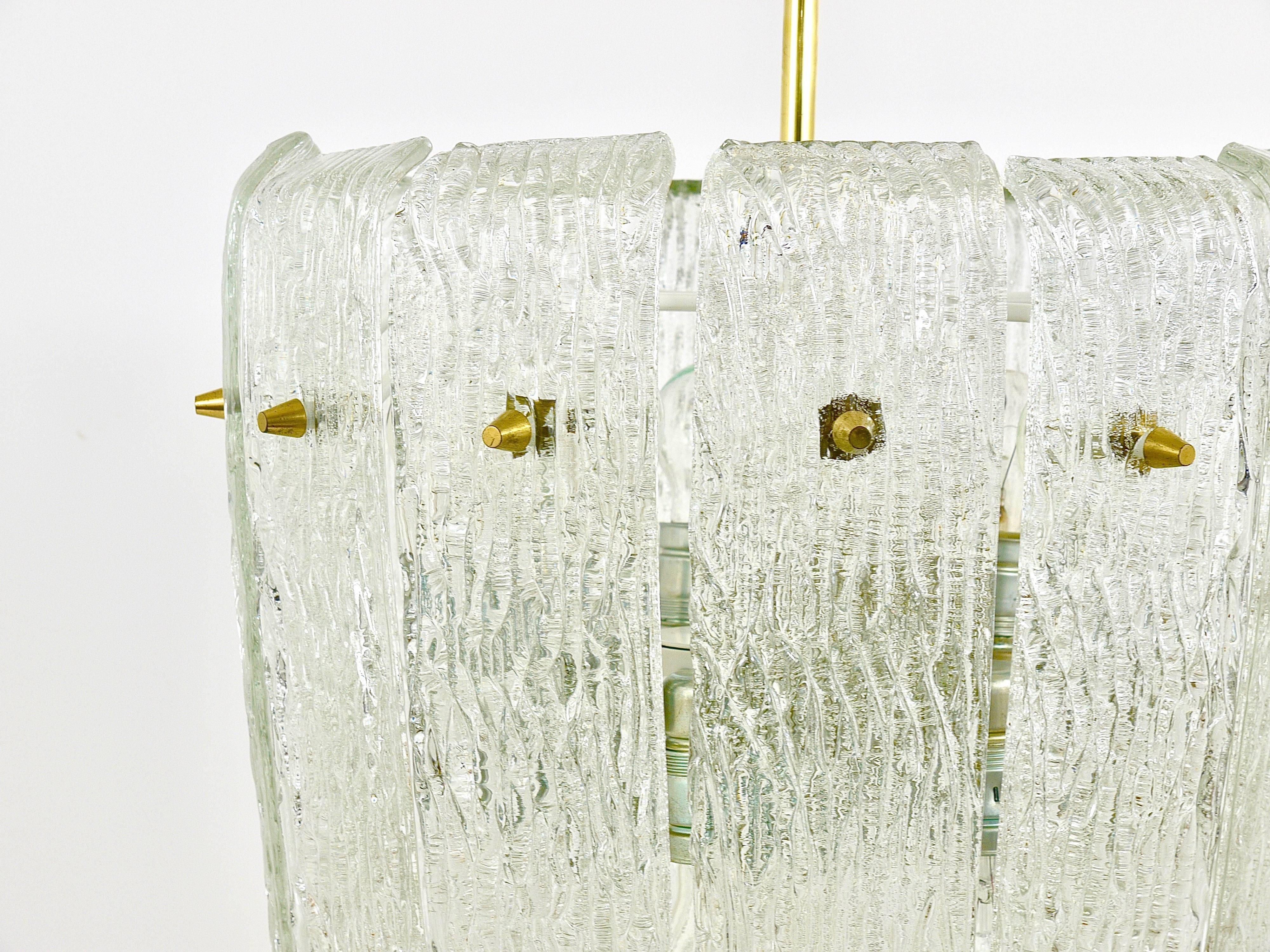 Austrian Kalmar Midcentury Brass Textured Glass Chandelier, Austria, 1950s