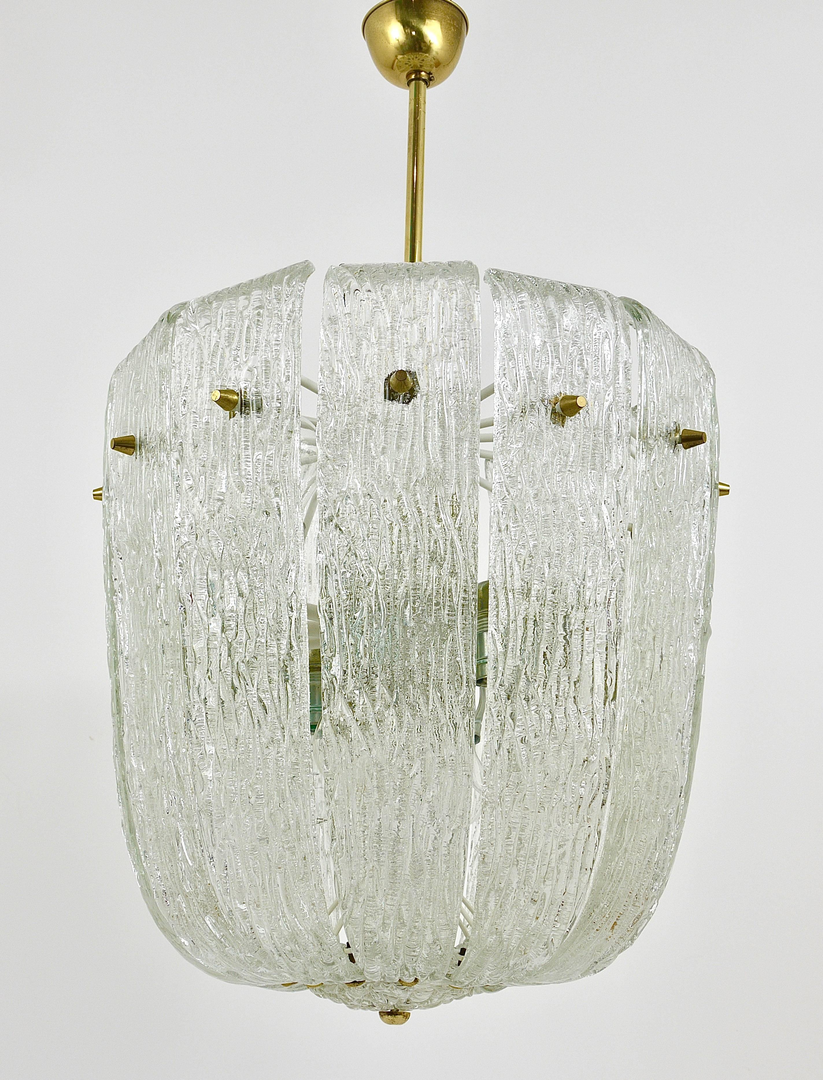 Kalmar Midcentury Brass Textured Glass Chandelier, Austria, 1950s 1