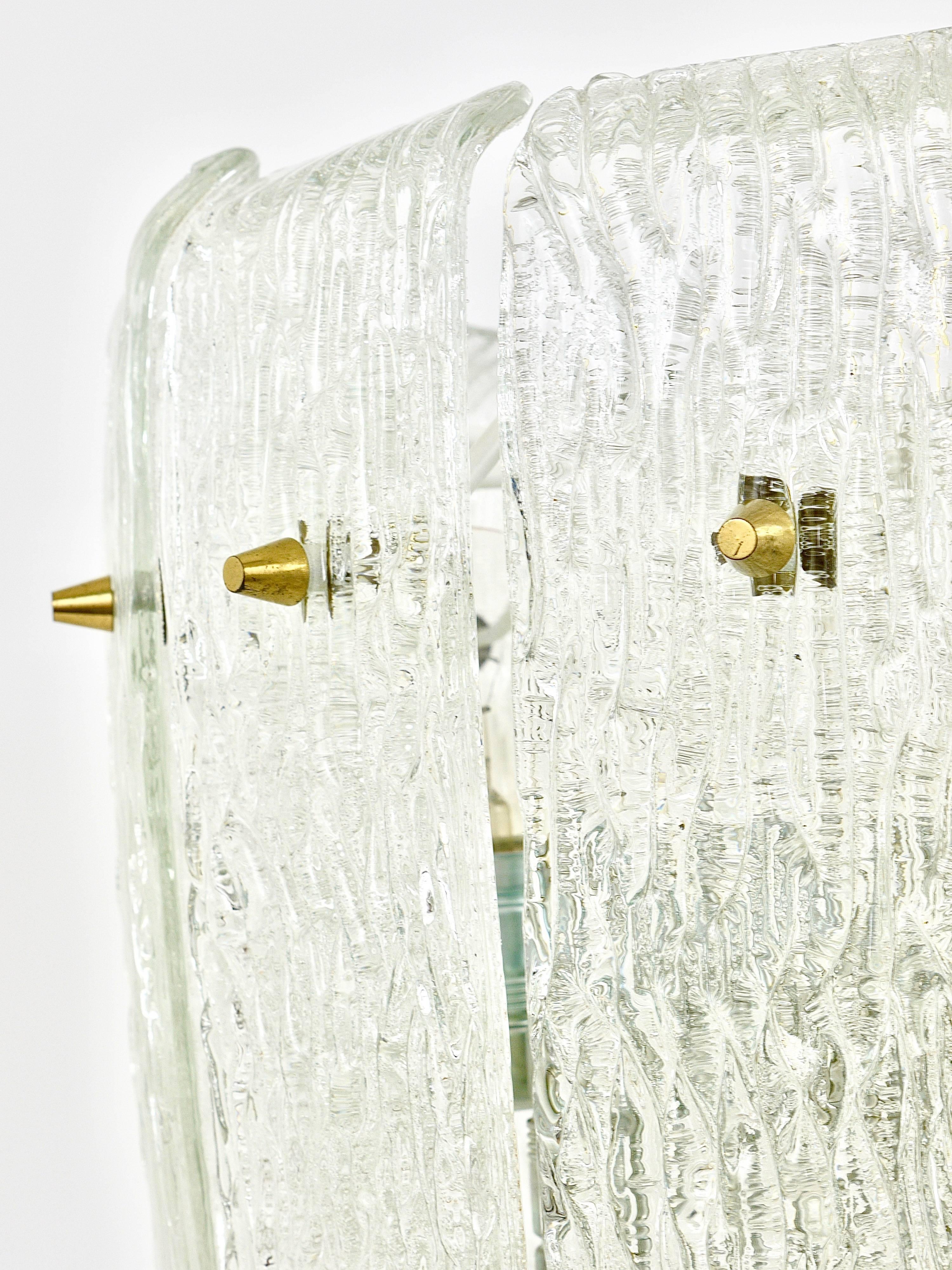 Kalmar Midcentury Brass Textured Glass Chandelier, Austria, 1950s 2