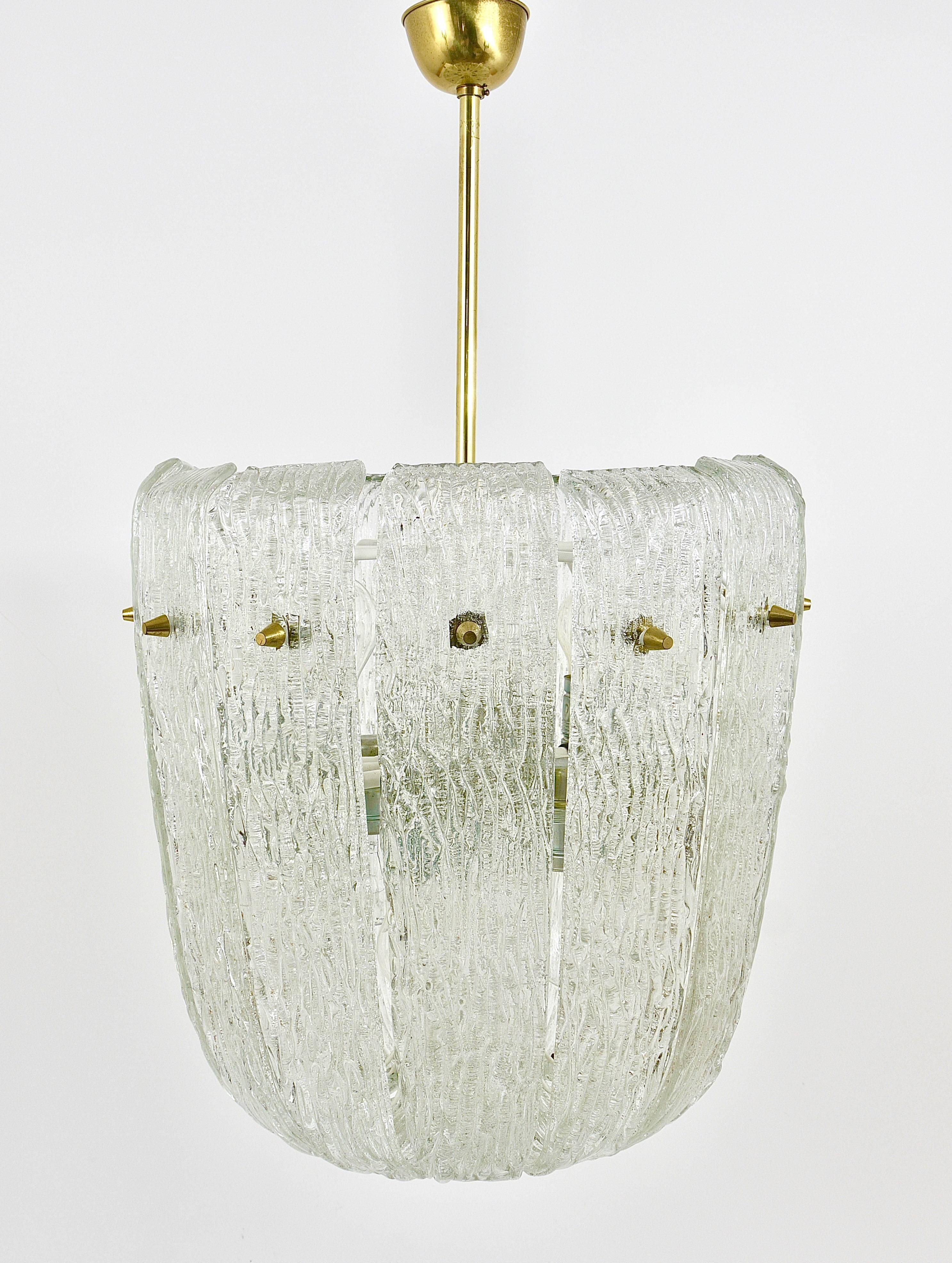 Kalmar Midcentury Brass Textured Glass Chandelier, Austria, 1950s 3