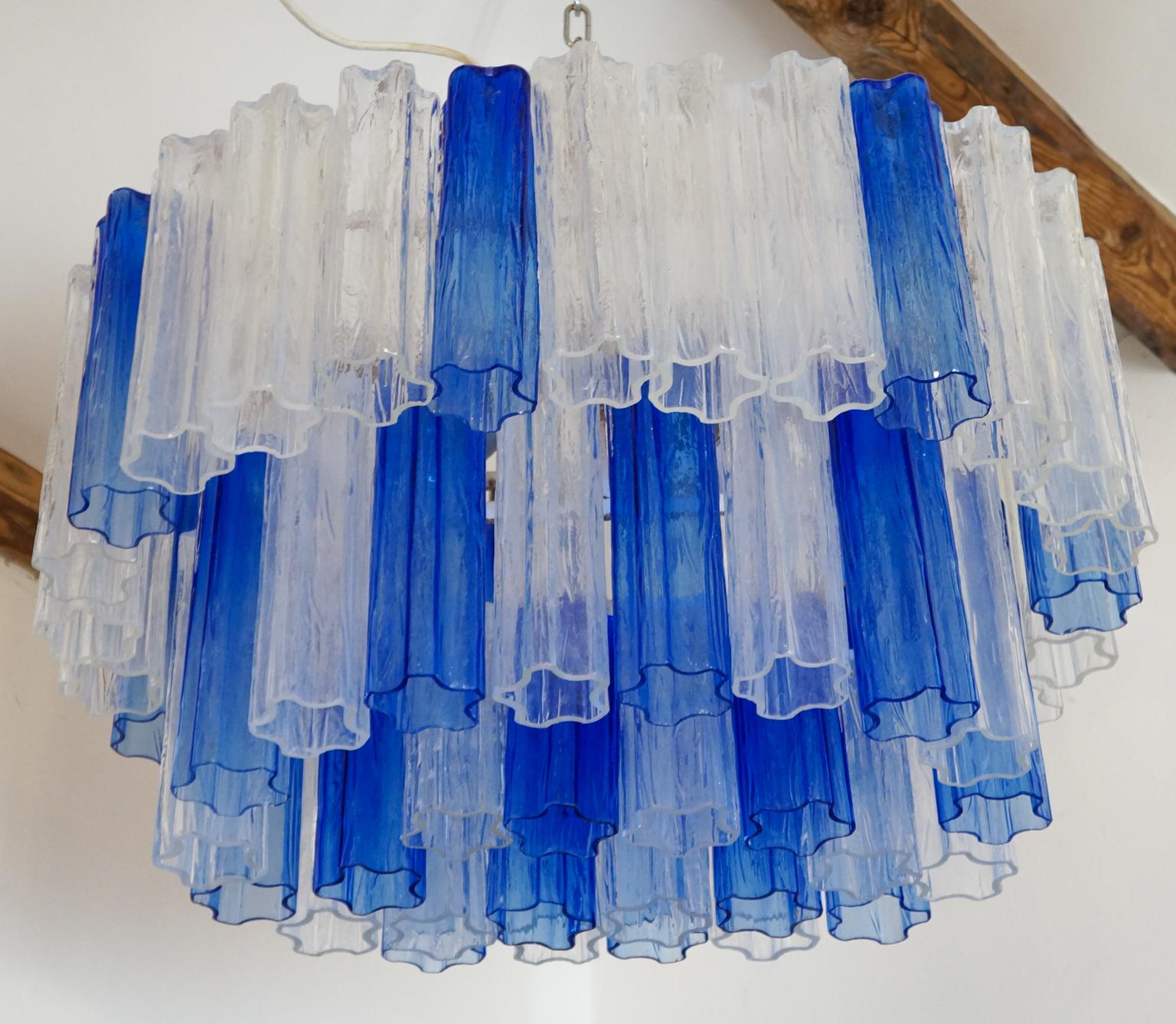 Blown Glass Kalmar Mid-Century Modern Blue Crystal Murano Glass Tronchi Chandelier, 1980s For Sale