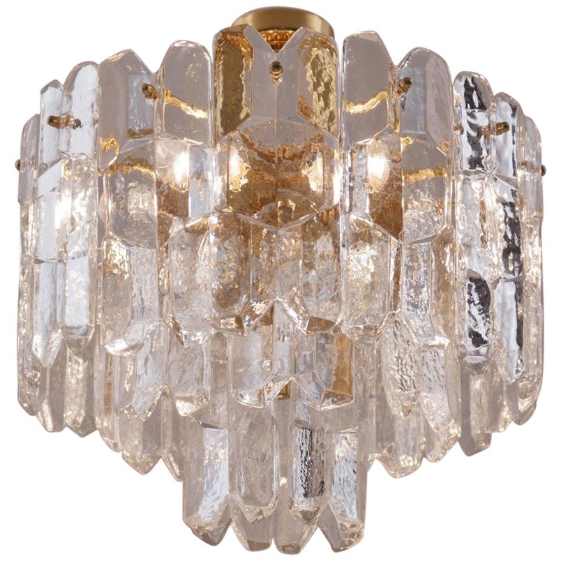 Kalmar Palazzo Flush Light, Brutalist "Ice Effect" Glass and Gilt Brass For Sale