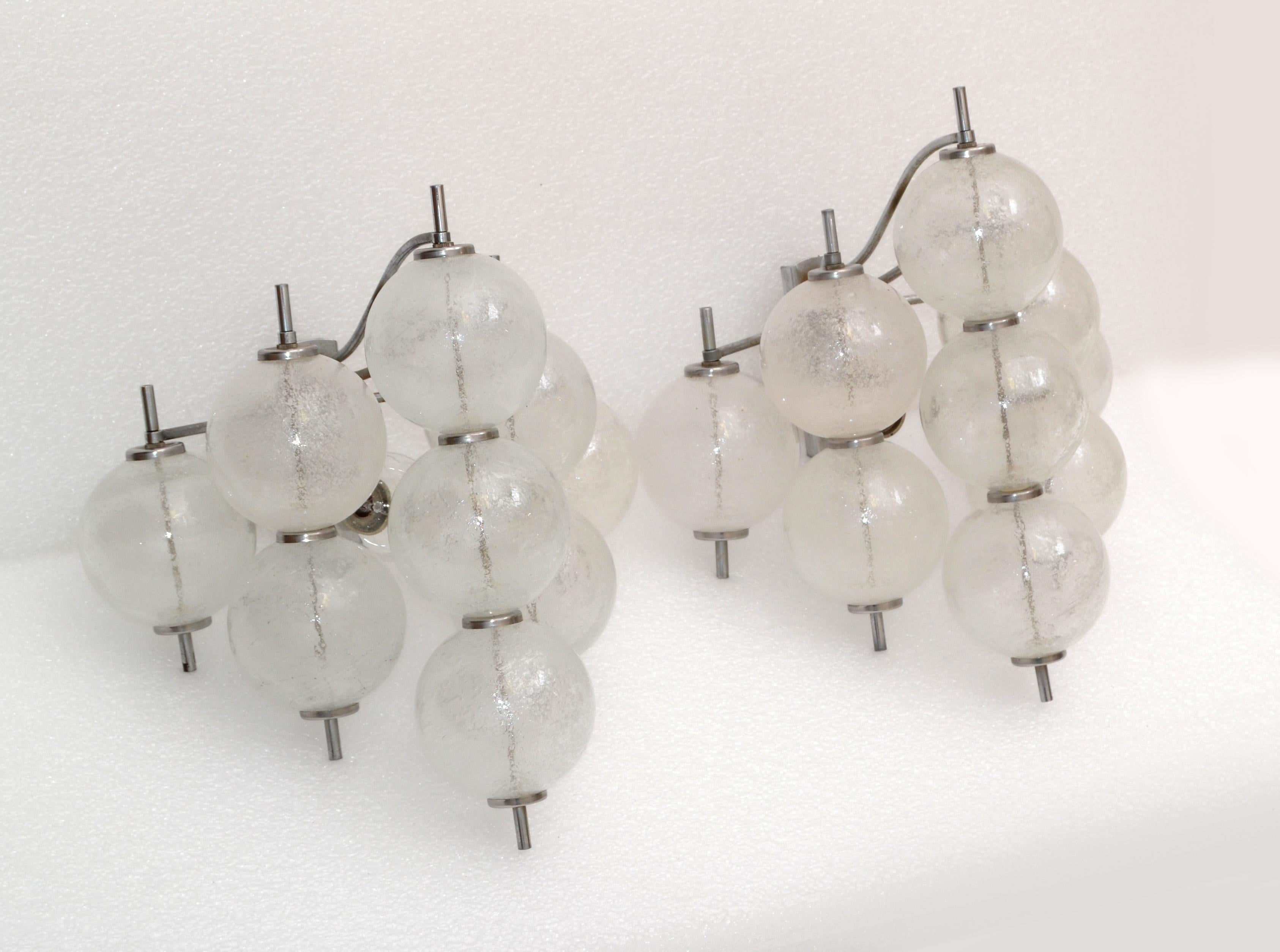 Blown Glass Kalmar Sconces Blown Bubbles Glass in Grape Form on Nickel Frame Austria, Pair