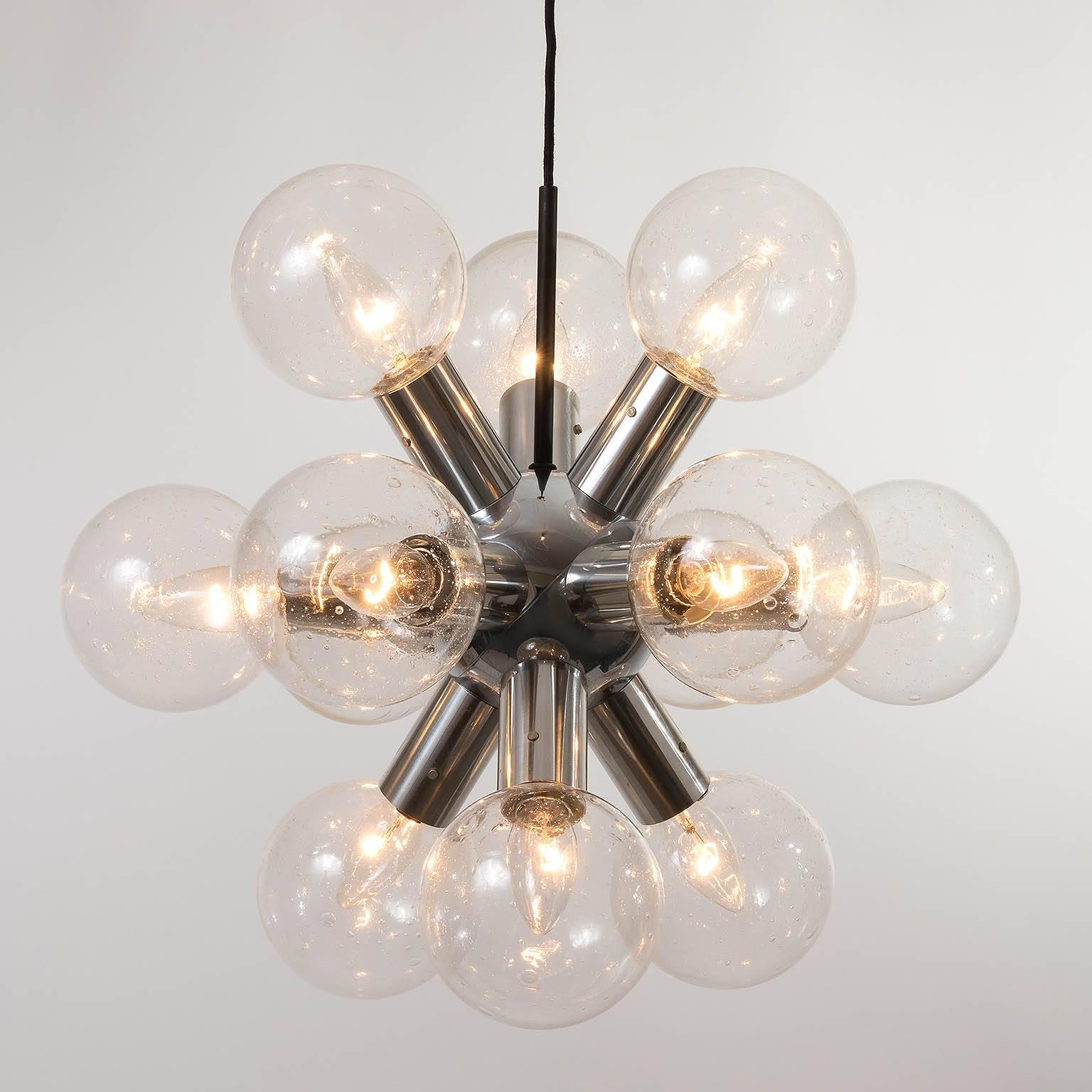 Polished Kalmar Sputnik Chandelier or Pendant Light 'RS 12', Aluminum Glass, 1970, 1 of 2 For Sale