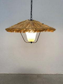 Kalmar Straw Pendant Lamp Stube with Satin Glass, Austria, Circa 1955
