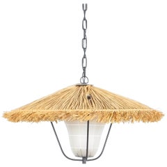 Kalmar Straw Pendant Lamp Stube with Satin Glass, Austria, Circa 1955