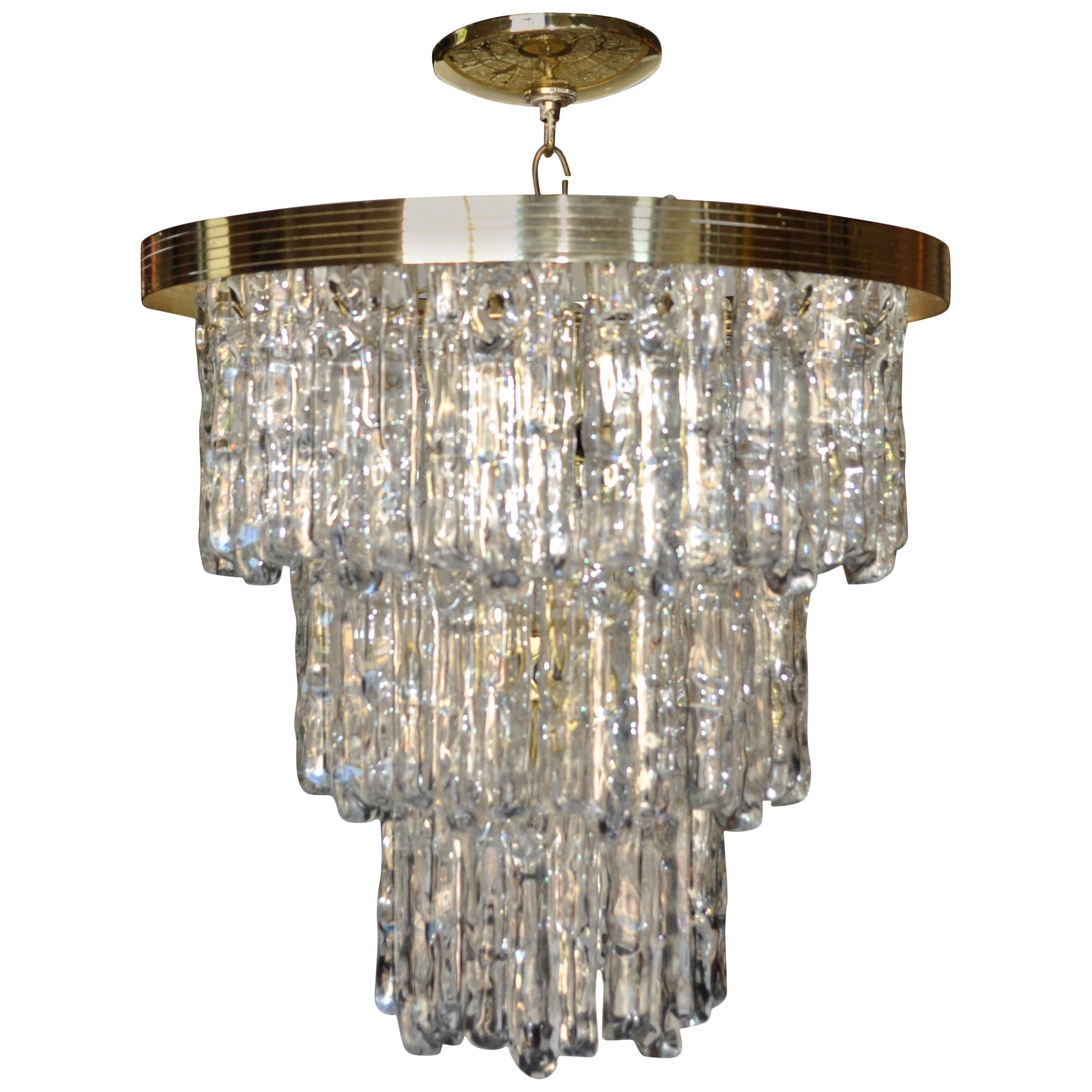 Kalmar Style Lucite and Brass Ice Waterfall Tiered Chandelier, Italy