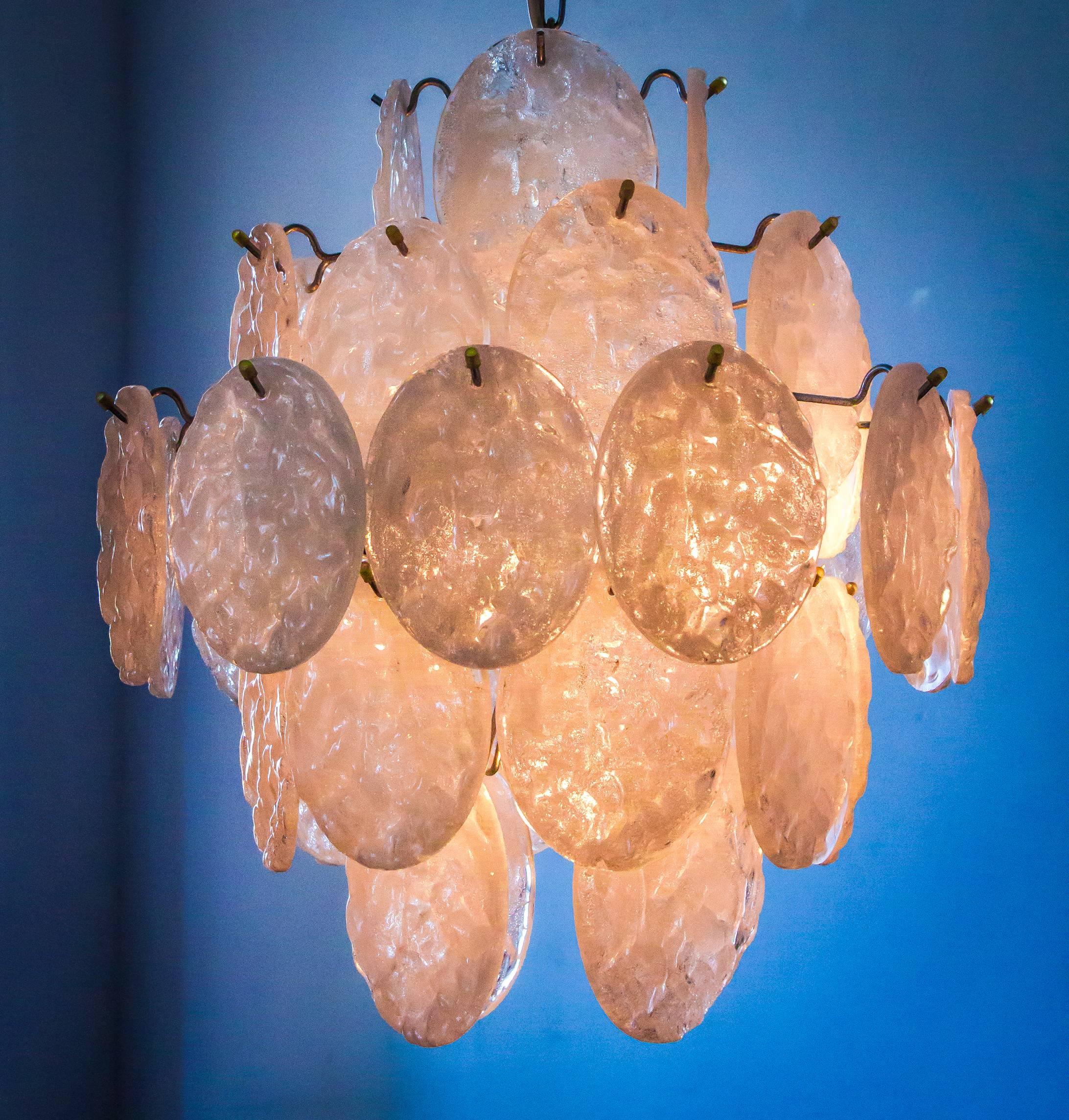 Mid-Century Modern Kalmar Style Melting Ice Glass Ballroom Chandelier Ceiling Lamp, circa 1970