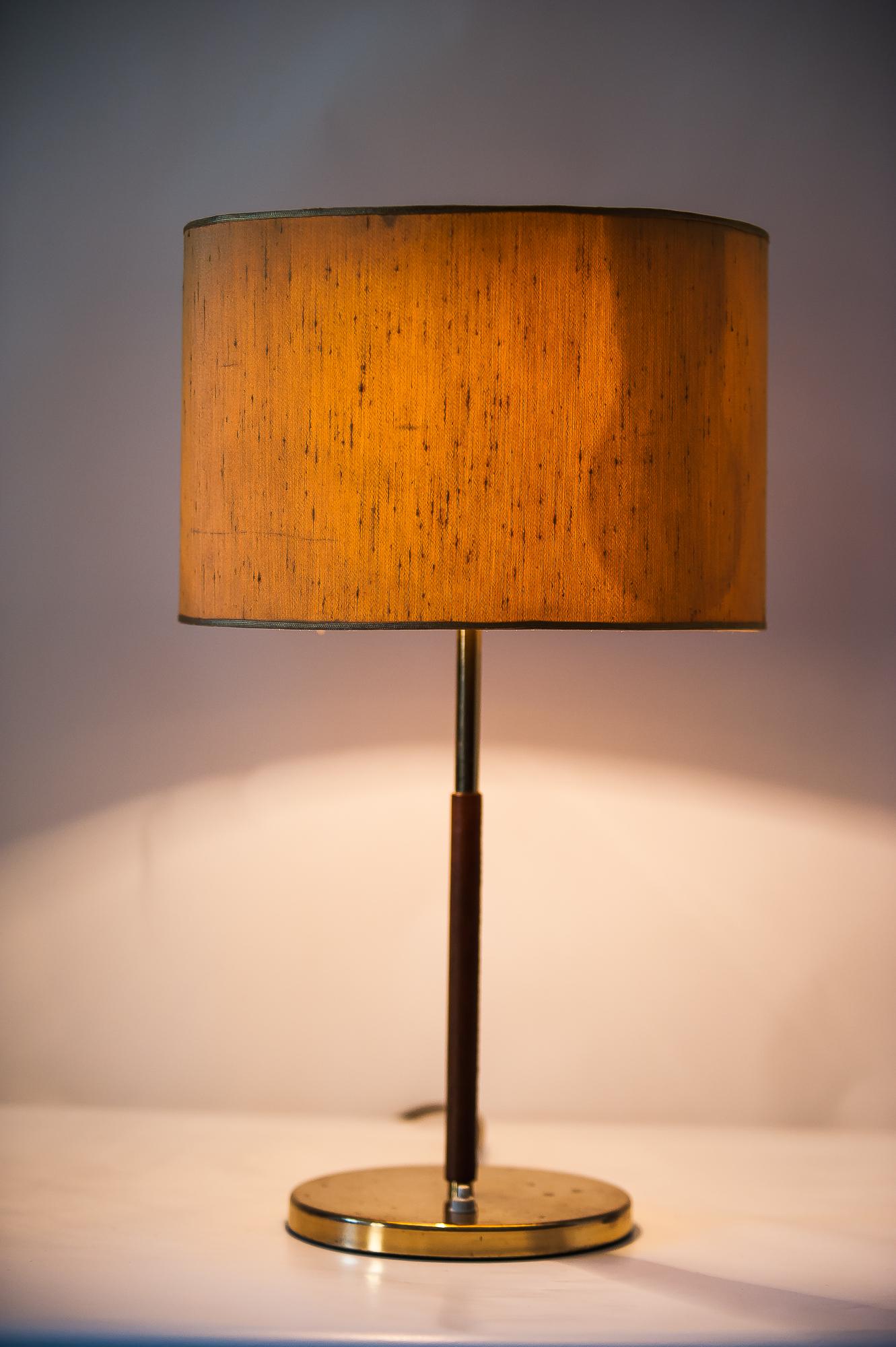Austrian Kalmar Table Lamps with Leather Covered Stem and Yellow Shade, Austria, 1950s
