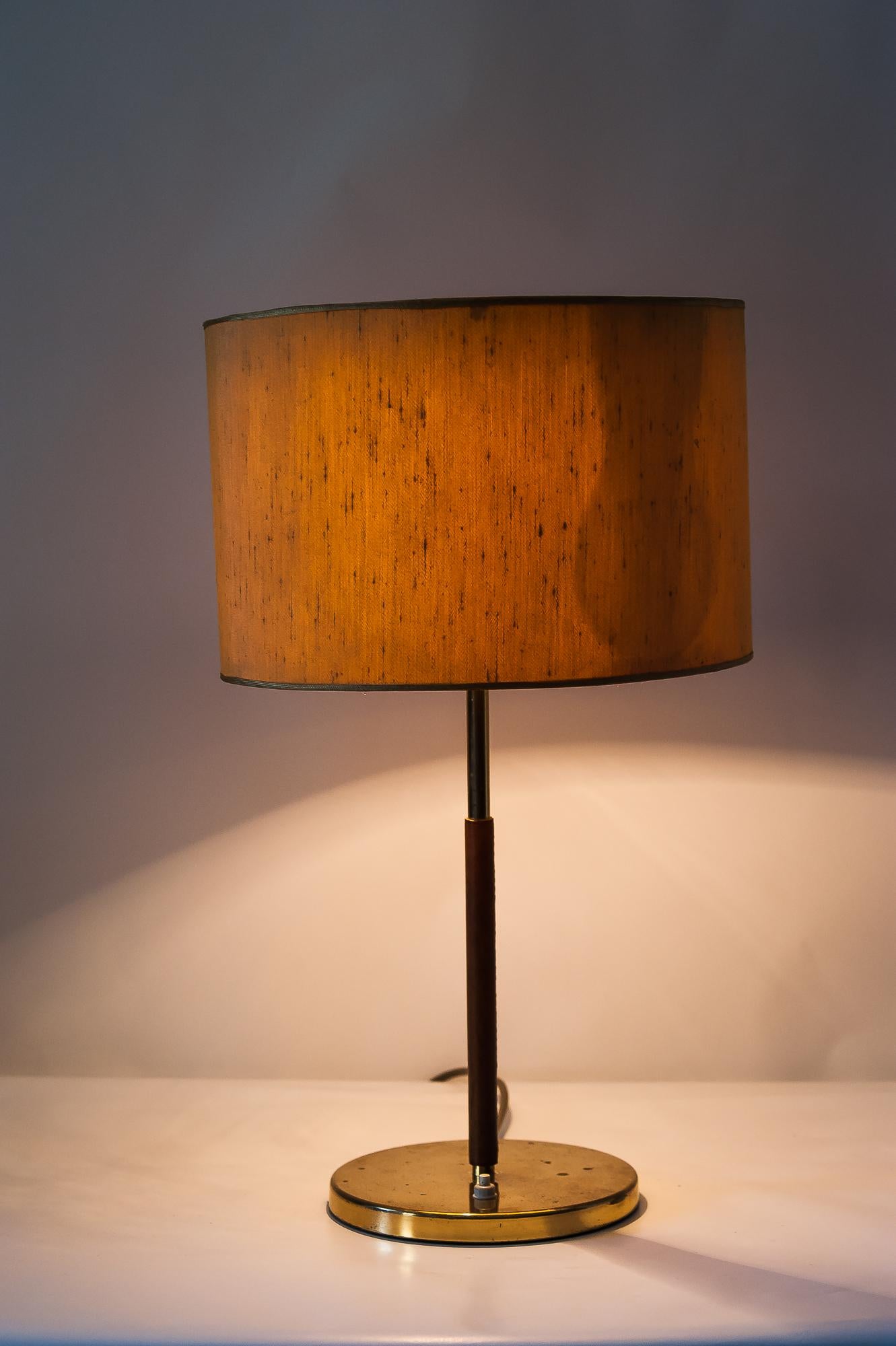 Mid-20th Century Kalmar Table Lamps with Leather Covered Stem and Yellow Shade, Austria, 1950s