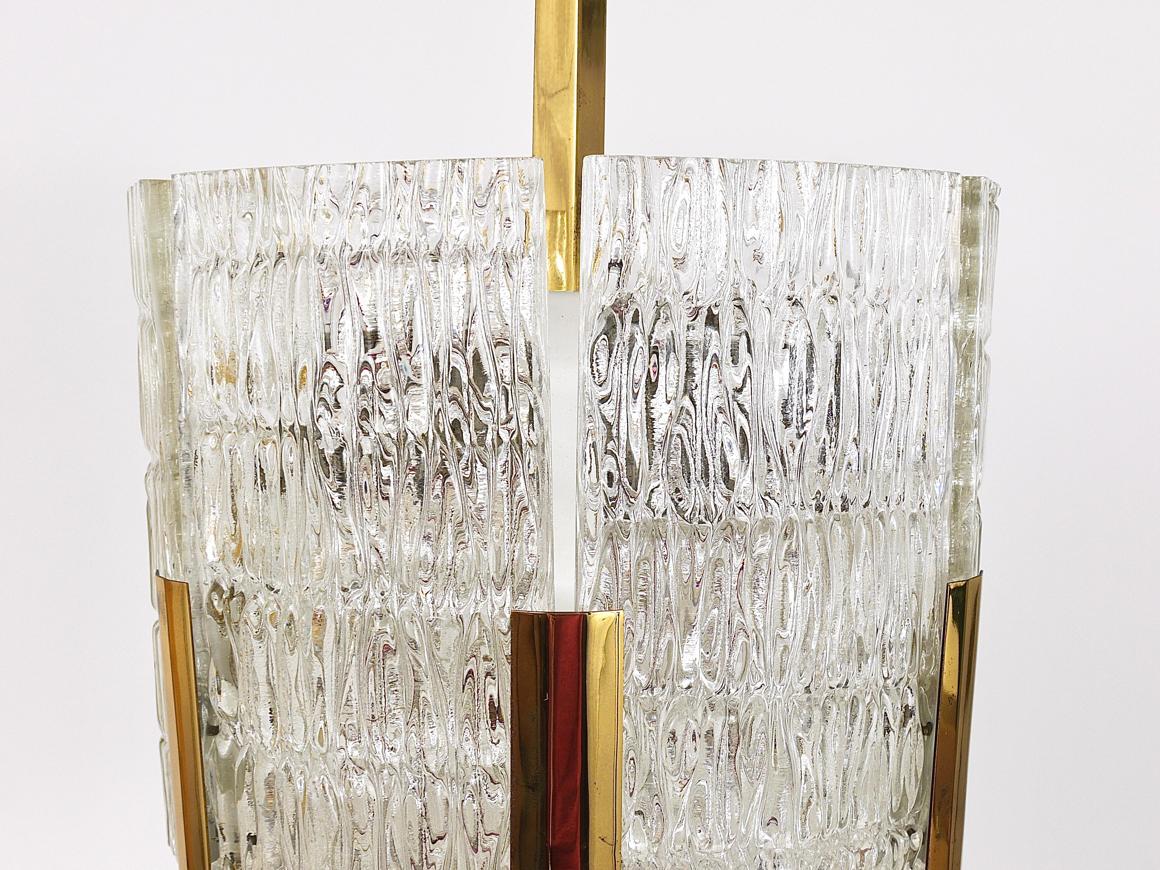 Austrian Kalmar Tambour Drum Chandelier, Brass, Textured Ice Glass, Austria, 1960s For Sale