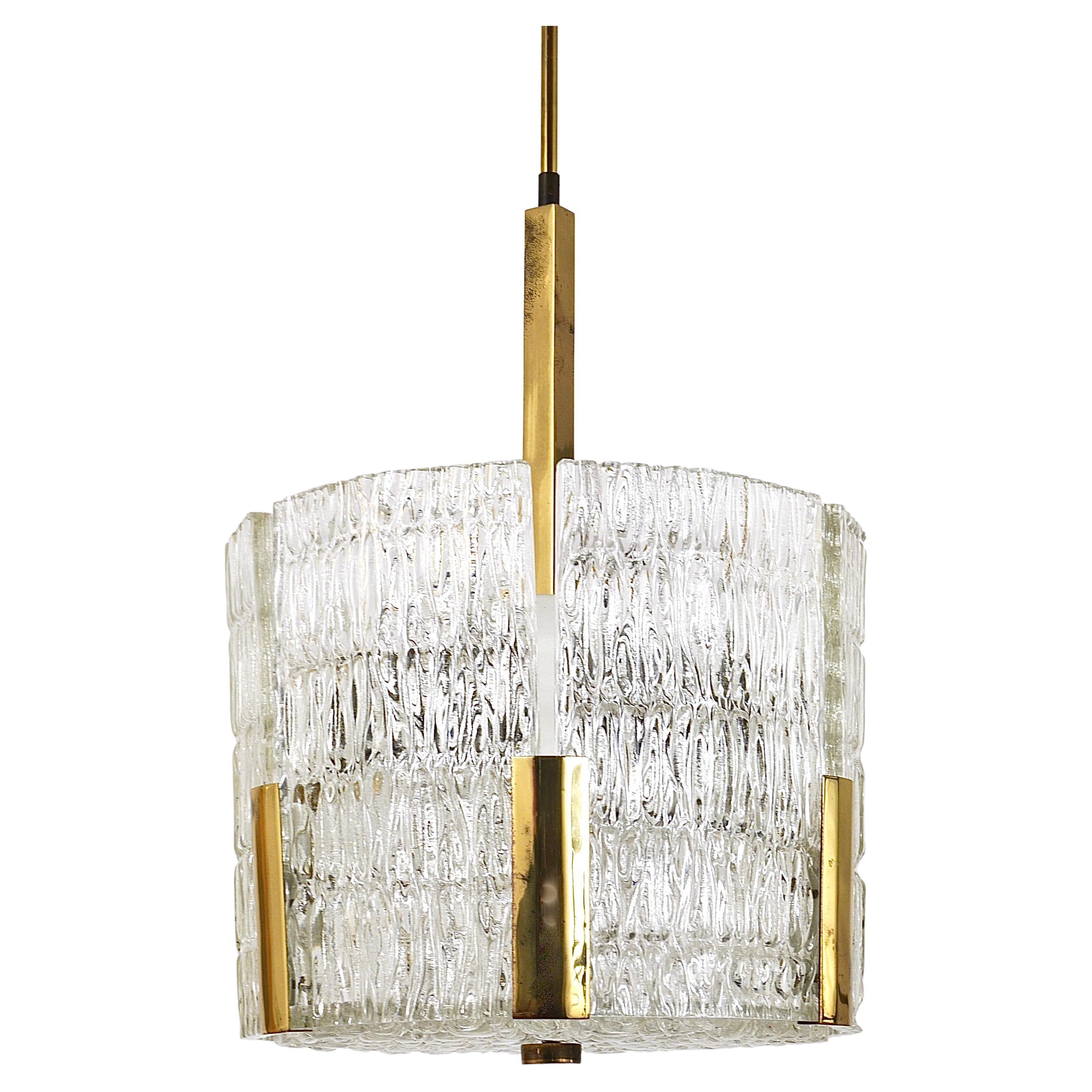 Kalmar Tambour Drum Chandelier, Brass, Textured Ice Glass, Austria, 1960s