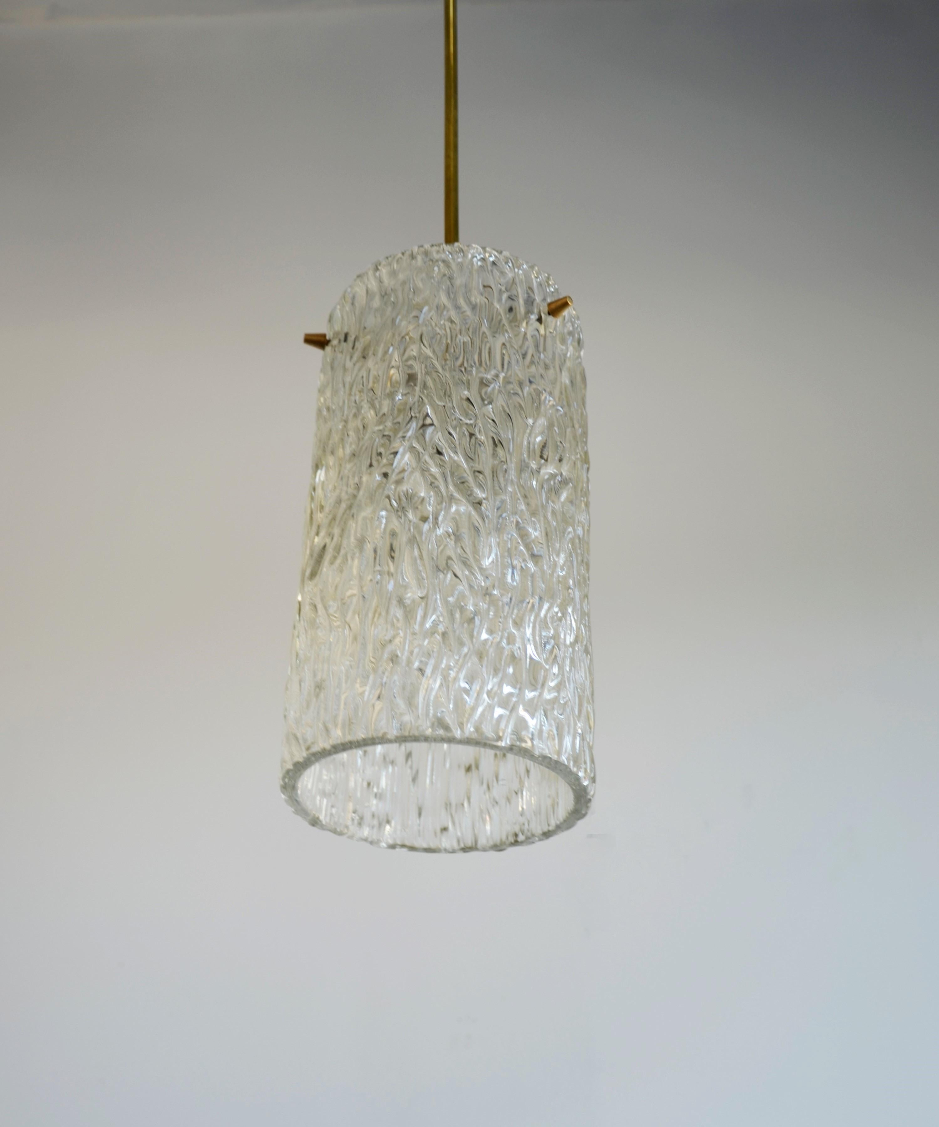Kalmar Textured Clear Crystal Glass with Brass Accents Pendant or Chandelier In Good Condition For Sale In Houston, TX