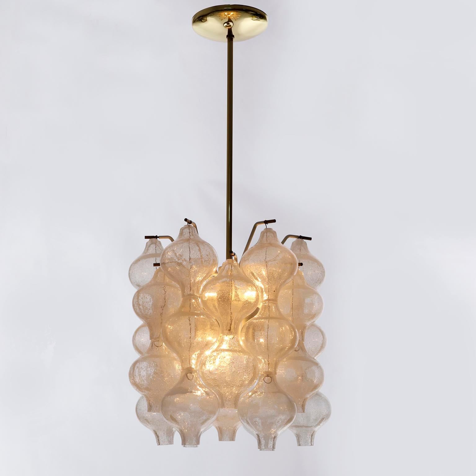 Lacquered Kalmar 'Tulipan' Chandelier Pendant Light, Glass Brass, 1970, One of Two