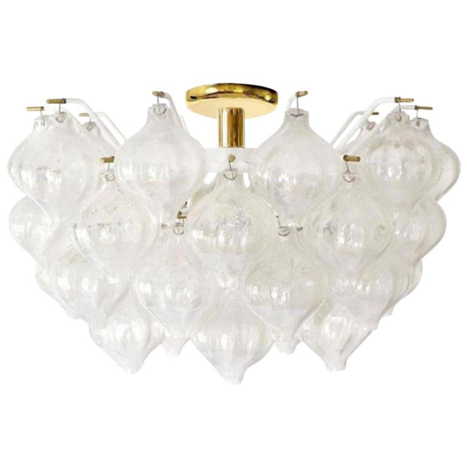 An exceptional 'Tulipan' flushmount chandelier by J.T. Kalmar, Austria, Vienna, manufactured in the midcentury, circa 1970 (late 1960s-early 1970s). With beautiful Murano Tulipan shaped hand blown bubble glasses. Several glasses are mounted with