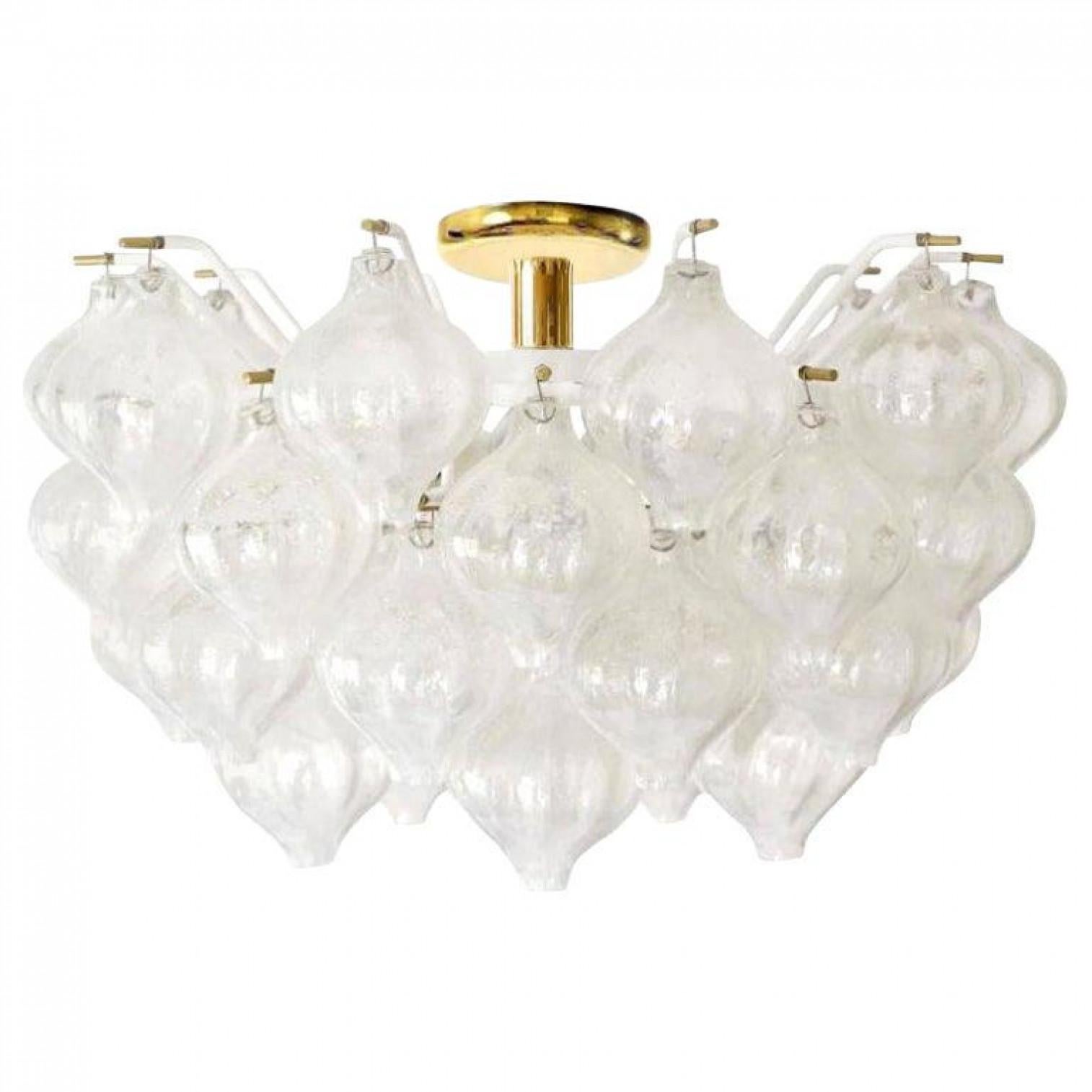 An exceptional 'Tulipan' flushmount chandelier by J.T. Kalmar, Austria, Vienna, manufactured in the midcentury, circa 1970 (late 1960s-early 1970s). With beautiful Murano Tulipan shaped hand blown bubble glasses. Several glasses are mounted with