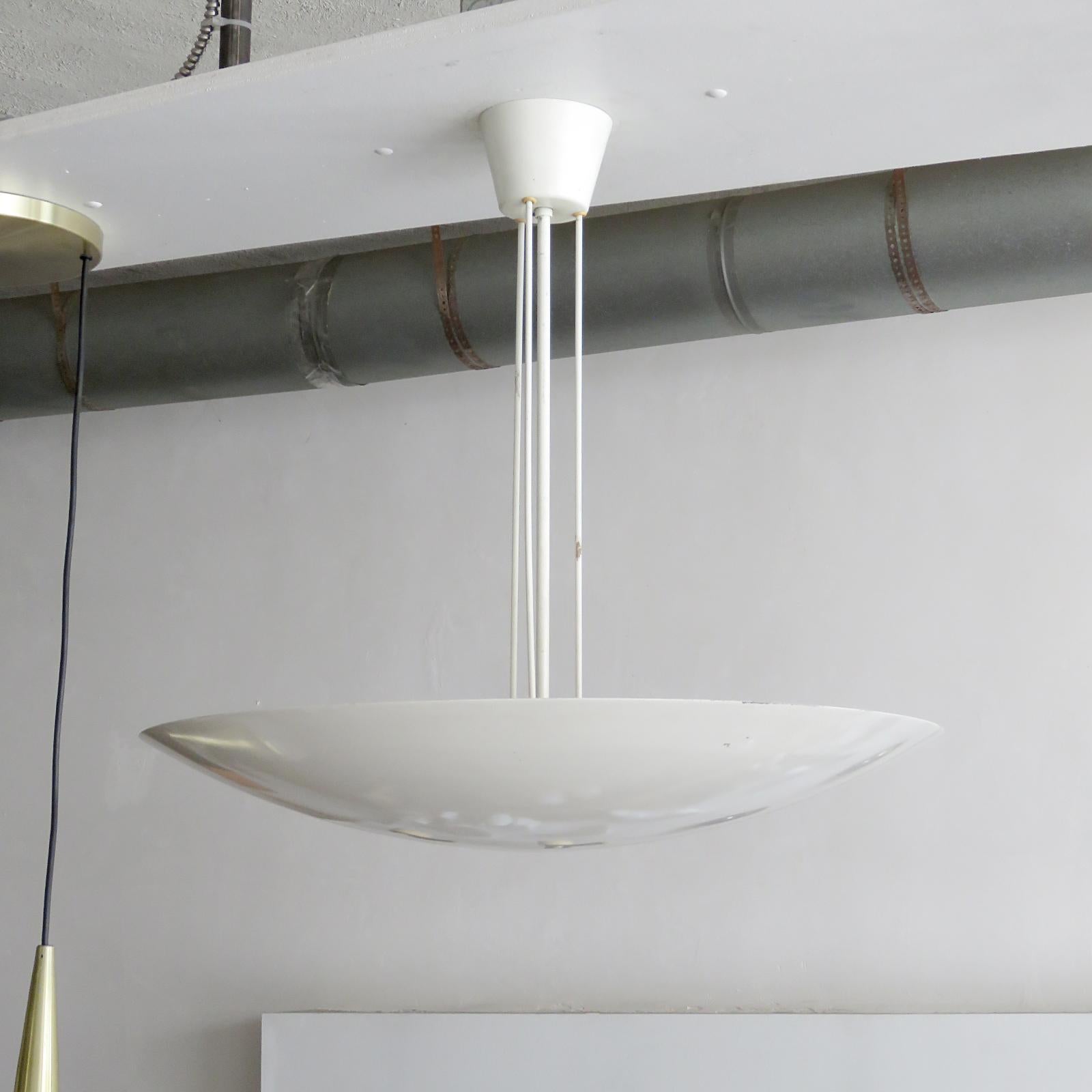Elegant oversized white shallow bowl-shaped up light pendant by J.T. Kalmar, Austria from the early 1970s with six standard-sized sockets, marked.