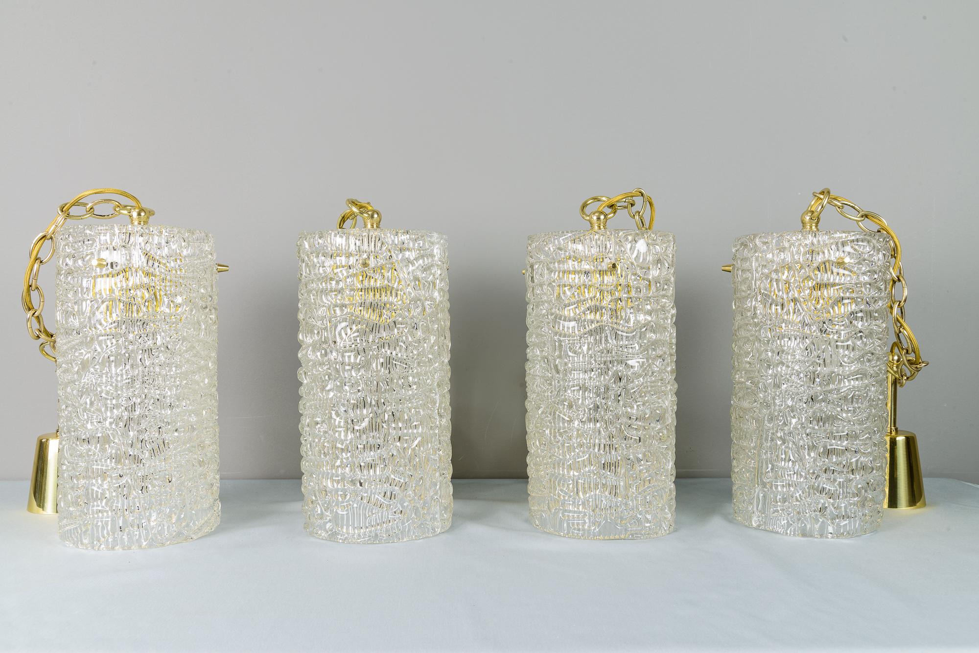 Mid-Century Modern 4 Kalmar Pendants circa 1950s with Textured Glass For Sale