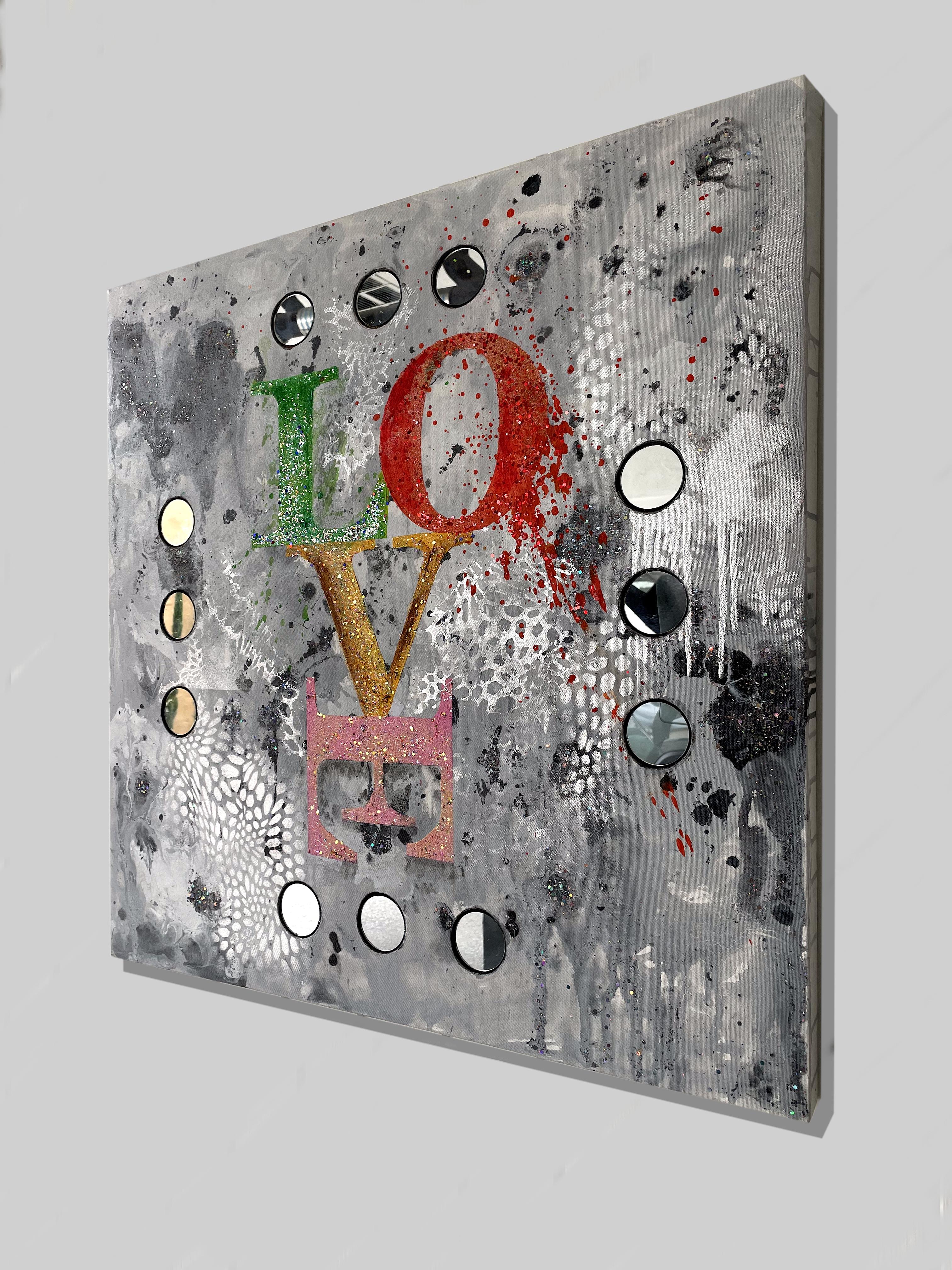 Artist: Kaloust Guedel
Work: Original Painting, Handmade Artwork, One of a Kind 
Medium: Acrylic on Canvas over Board, Mirror, Polyester, Spray Paint.
Year: 2023
Style: Contemporary Art, 
Title: Love-5
Size: 30