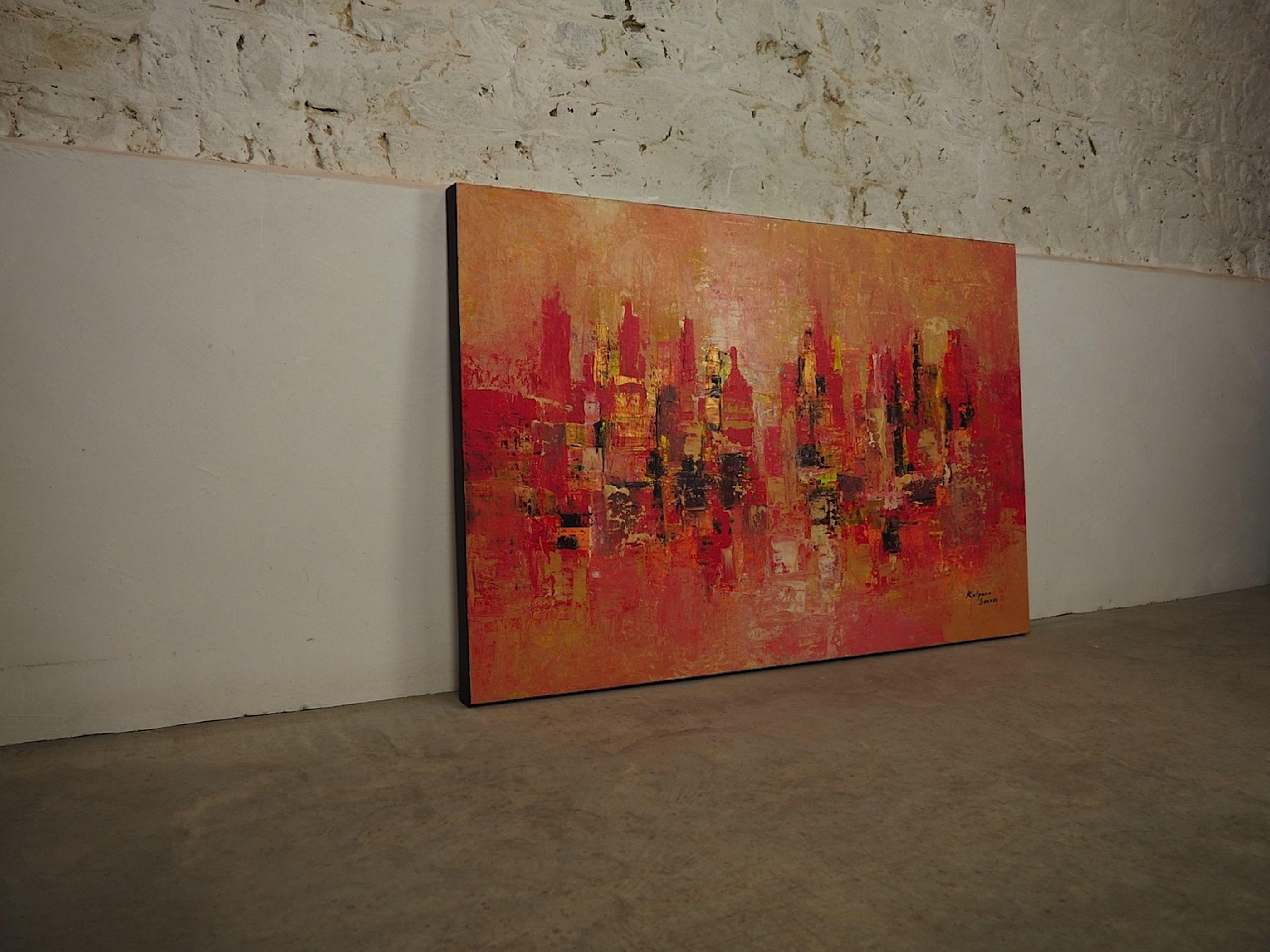 Festive Metropolis, Mixed Media on Canvas - Abstract Mixed Media Art by Kalpana Soanes