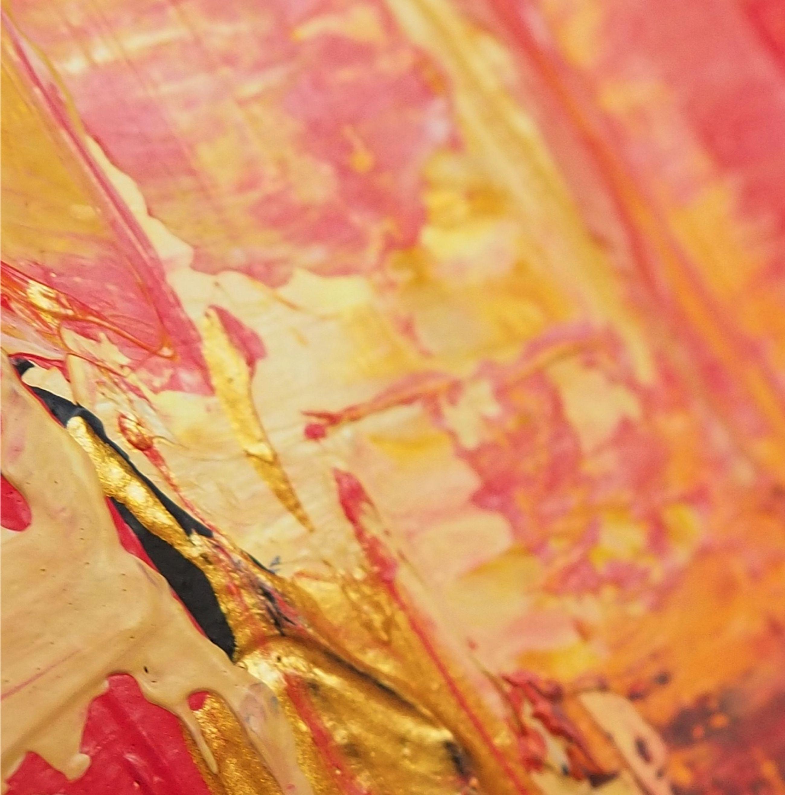 Festive Metropolis, an extra large abstract cityscape. A contemporary style painting in pink, yellow, peach and cream. This joyful artwork will look striking on any wall. Rich, warm colours. Lots of lovely texture on this one. The edges of the