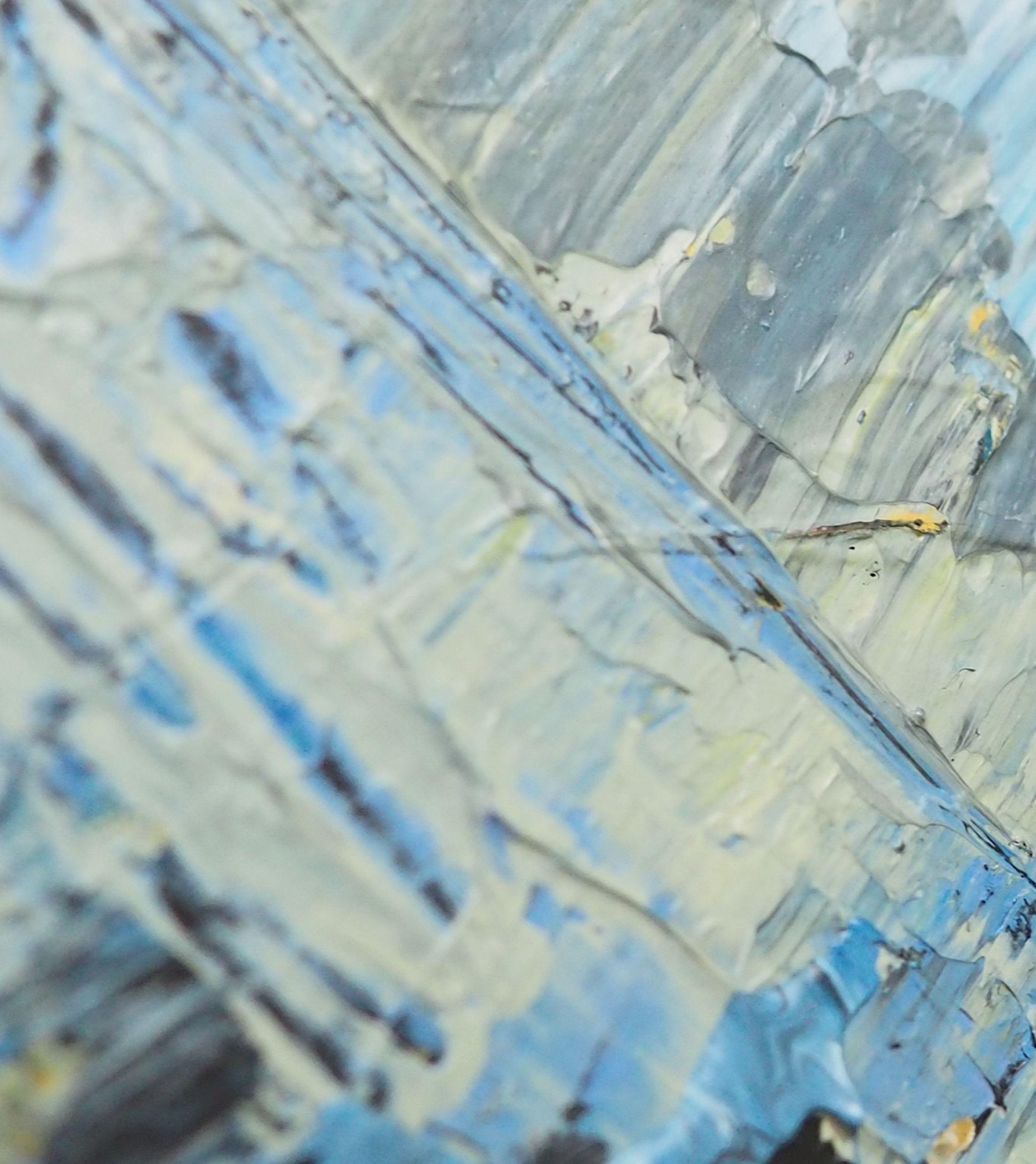 Magical Metropolis, a large abstract cityscape in blue, cream, grey and yellow. A cool, wintry sort of painting with a magical vibe to lift your Christmas mood. Beautiful colour and texture. This delightful contemporary style artwork will liven up
