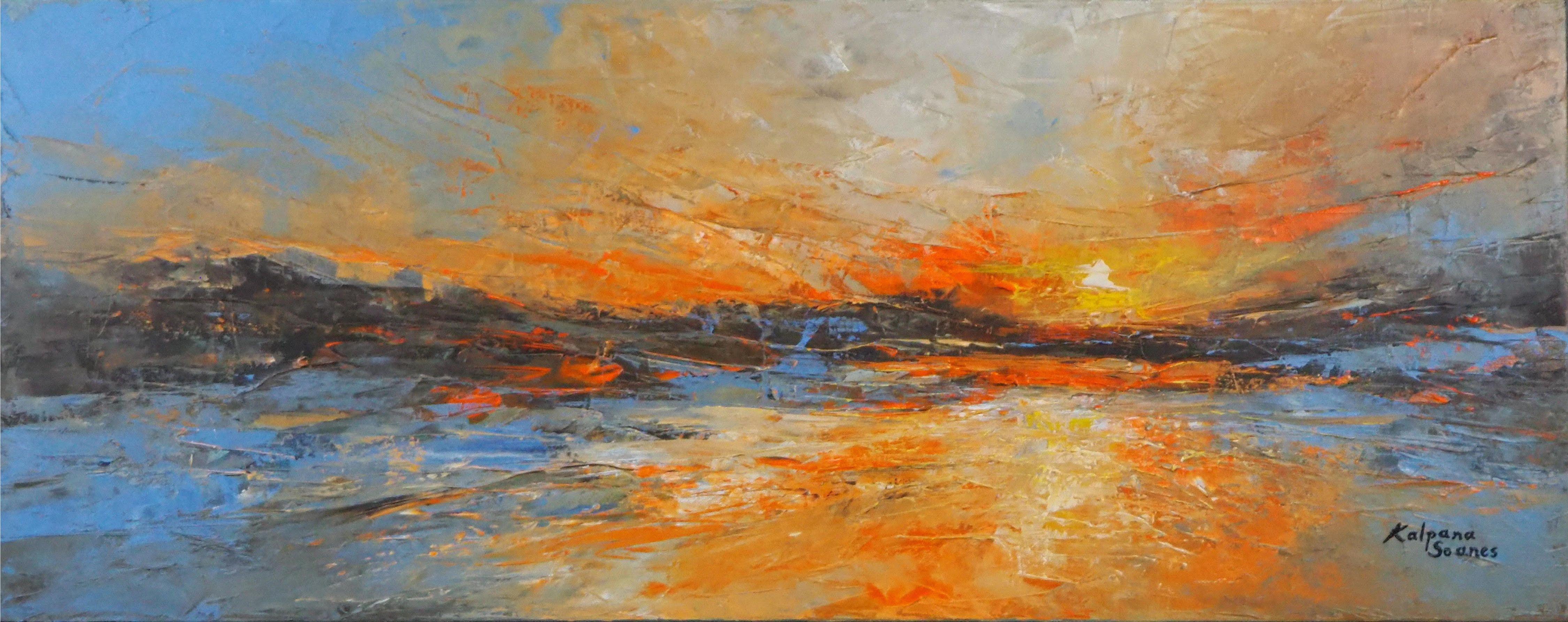 A large and colourful painting. Rejoicing Shore. A vibrant seascape exuding warmth. Lovely colours and textures. An orange and blue painting of a sunset over the sea. Something to make a bright focal point in your room. The sides of the chunky