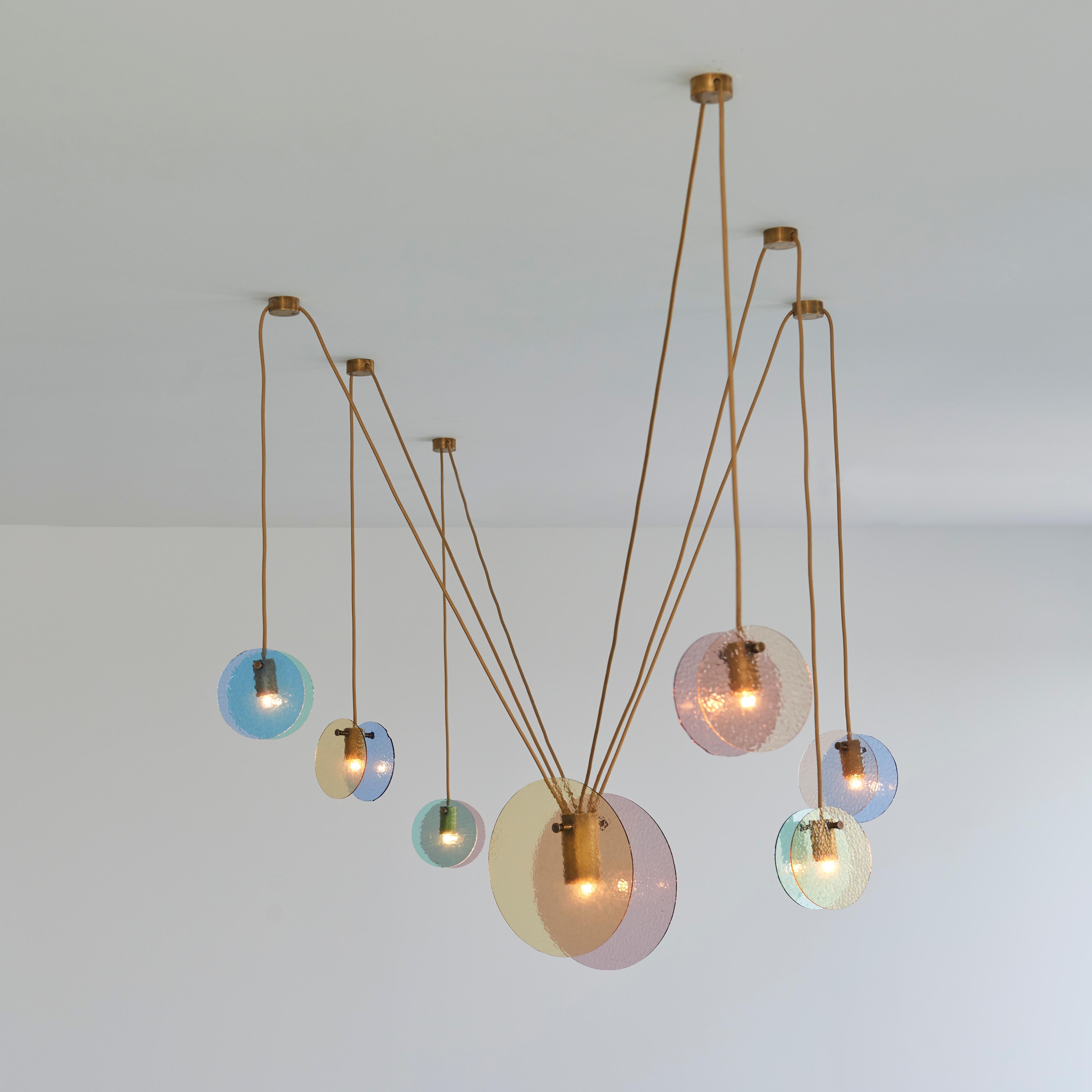 Kalupso 6 satellites ceiling light by Moure Studio
Dimensions: D150 x H80 cm
Materials: Glass and patinated brass
Also available in different dimensions. 

Our Kalupso chandelier is inspired by the Greek nymph of the sea. This name also evokes