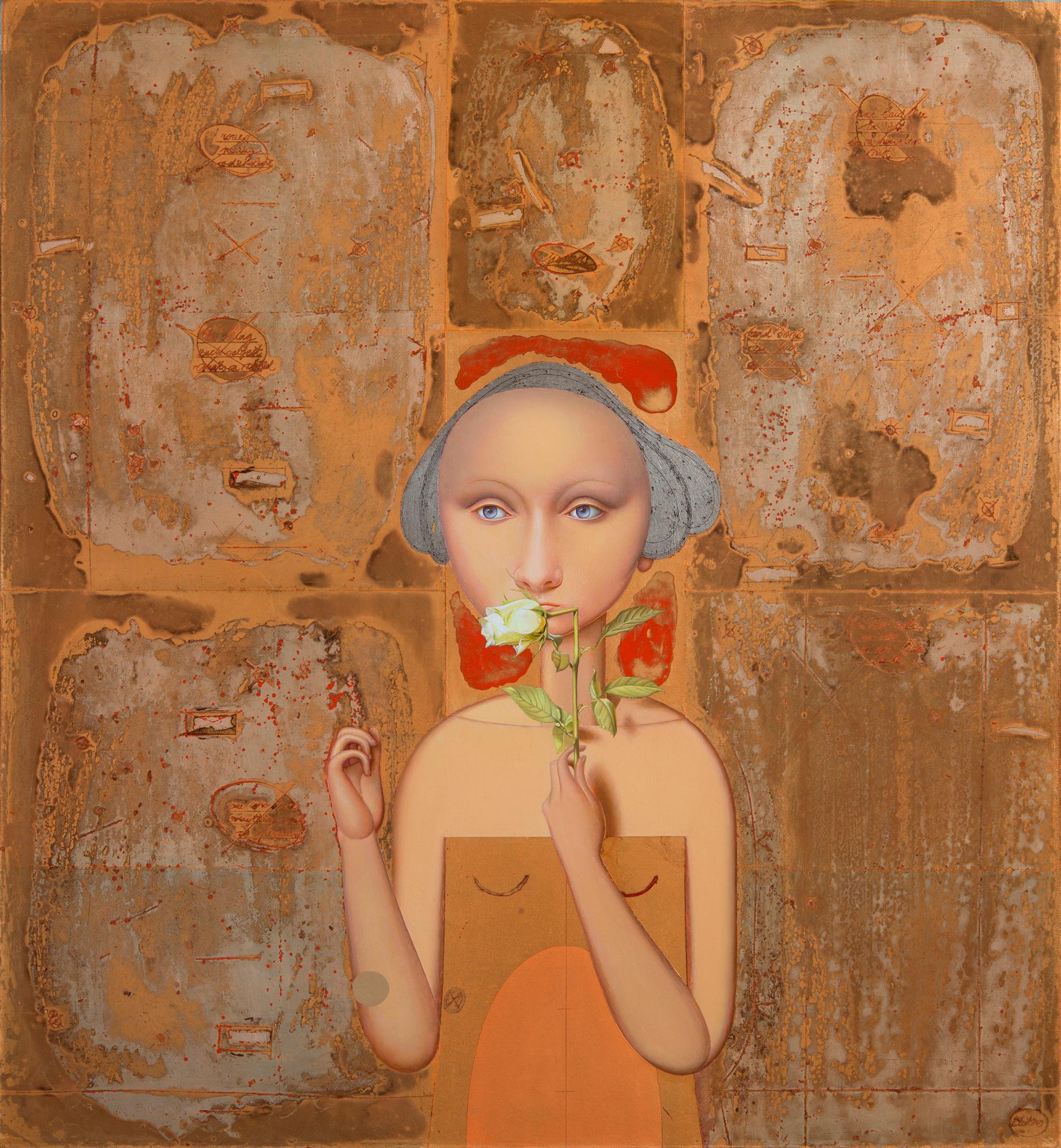 Kalvis Zuters Figurative Painting - Poetess Mixed Media Technique on Canvas Poetry White Rose Gold In Stock