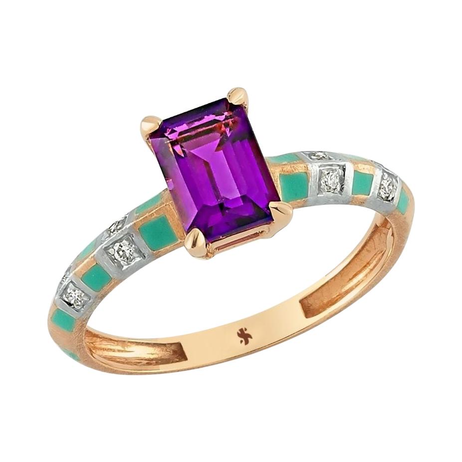 Kalwadi Amethyst Ring in 14k Rose Gold Diamond and Ametist For Sale