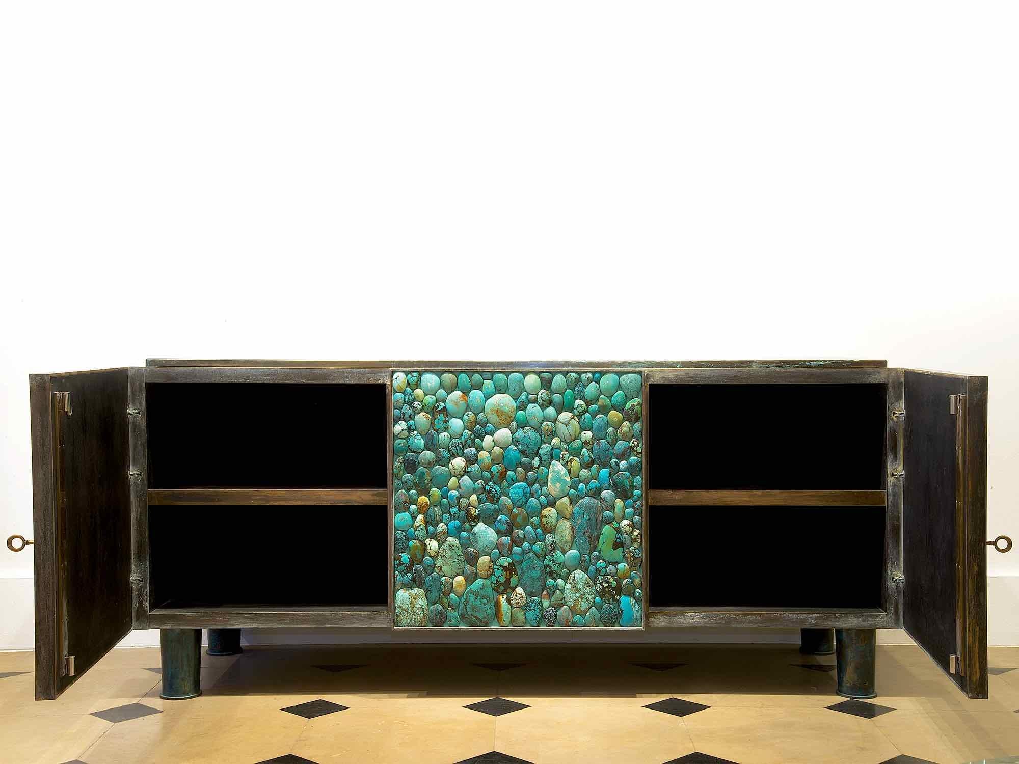 French KAM TIN, Turquoise sideboard made of brass and turquoise, France, 2013 For Sale