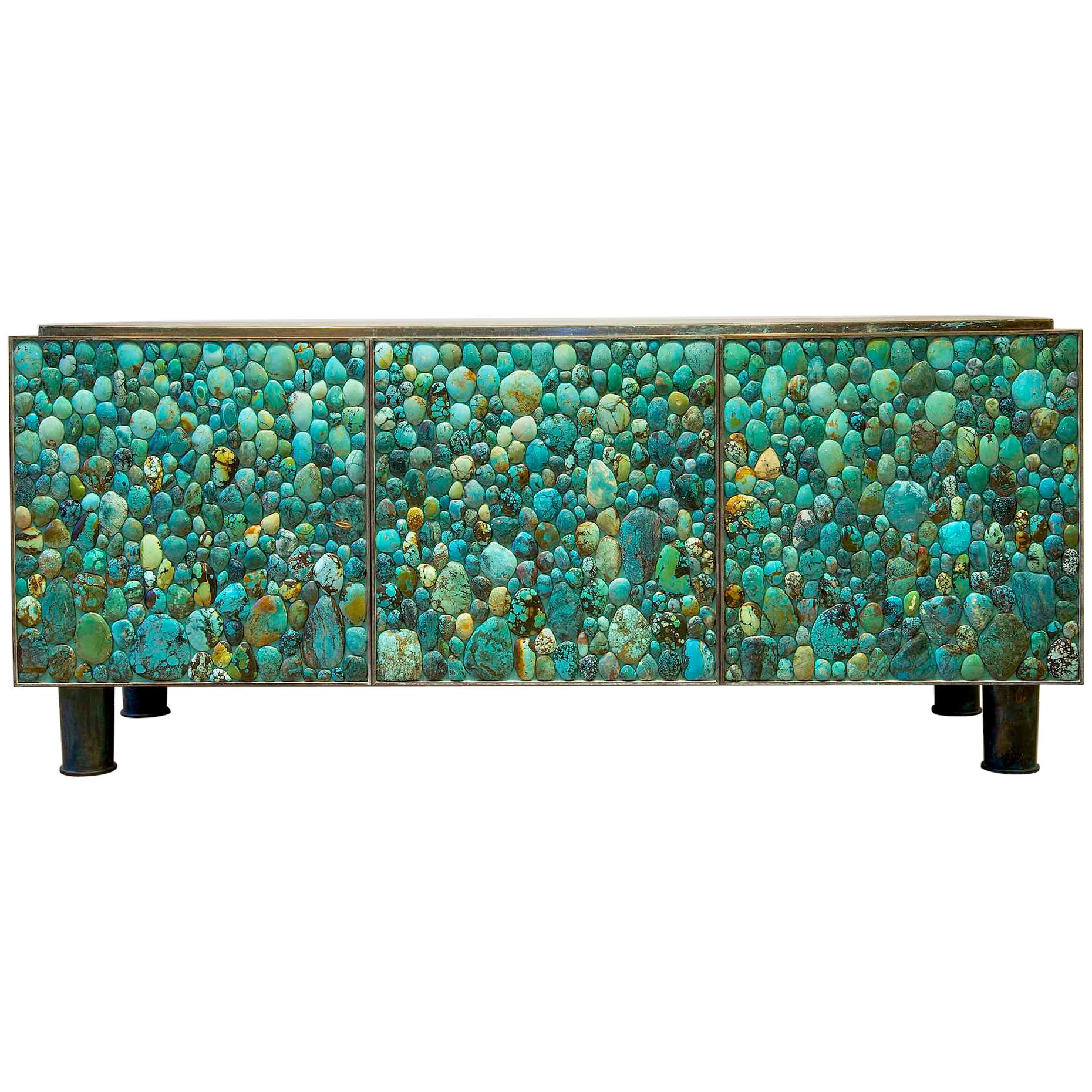 KAM TIN, Turquoise sideboard made of brass and turquoise, France, 2013 For Sale