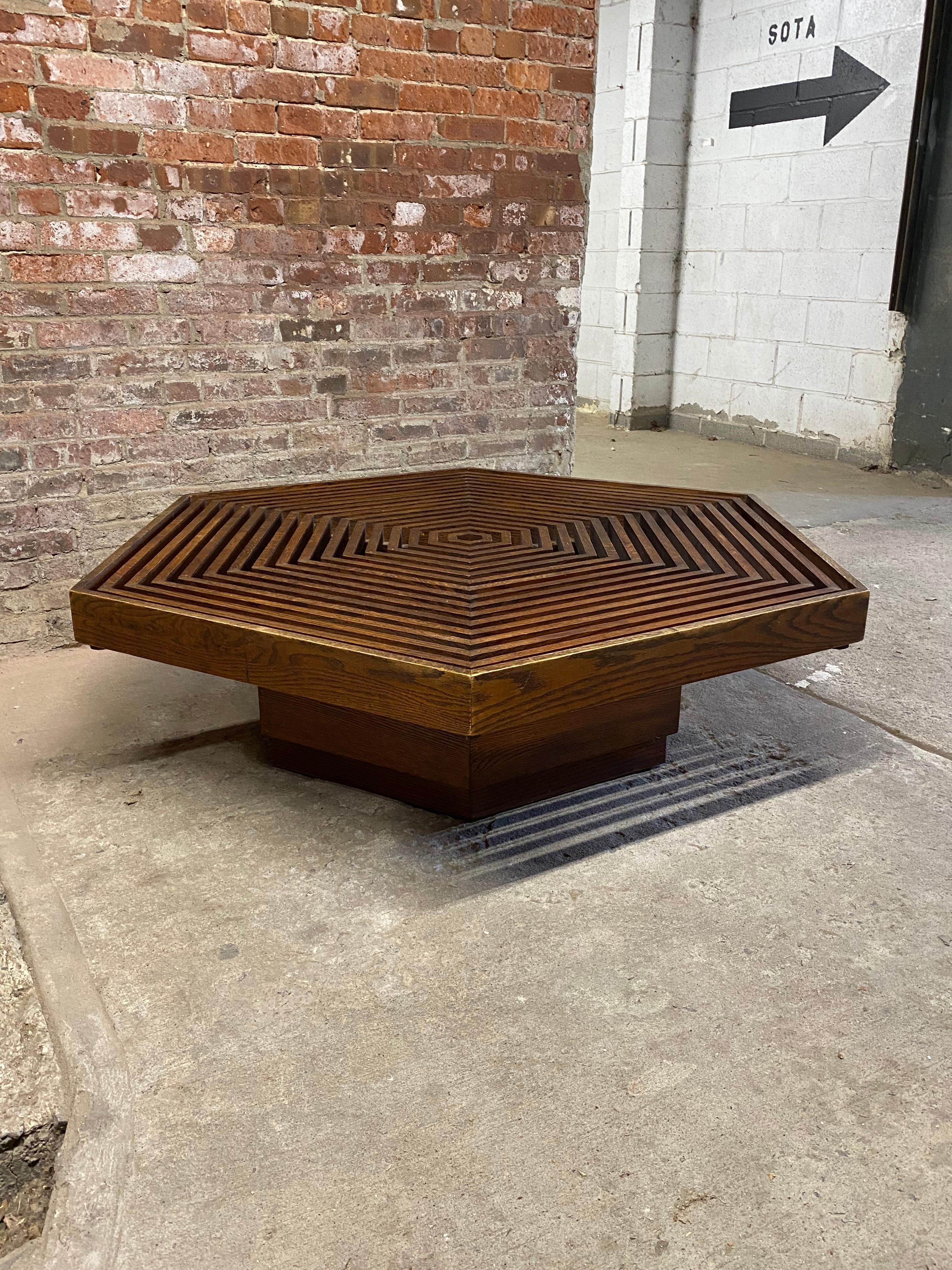 Kamal Amin Hexagonal Prairie School Style Oak Coffee Table In Good Condition In Garnerville, NY