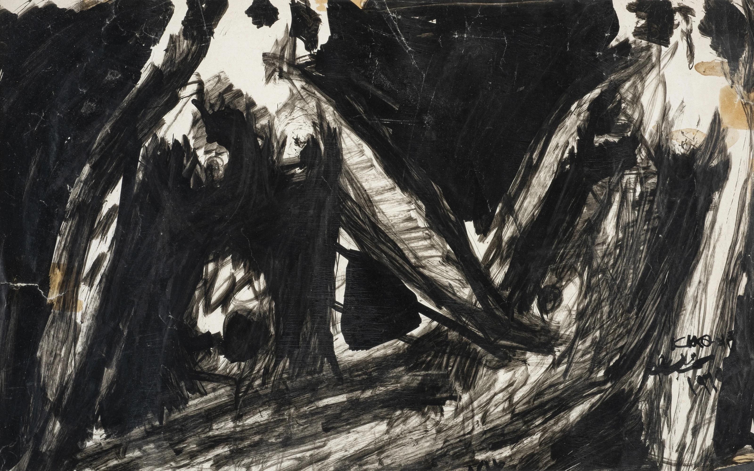 "Coppia seduta" Quadro astratto 10" x 20" pollici (1960) di KAMAL KHALIFA