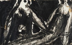 "Pareja sentada" Pintura abstracta 10" x 20" pulgadas (1960) de KAMAL KHALIFA
